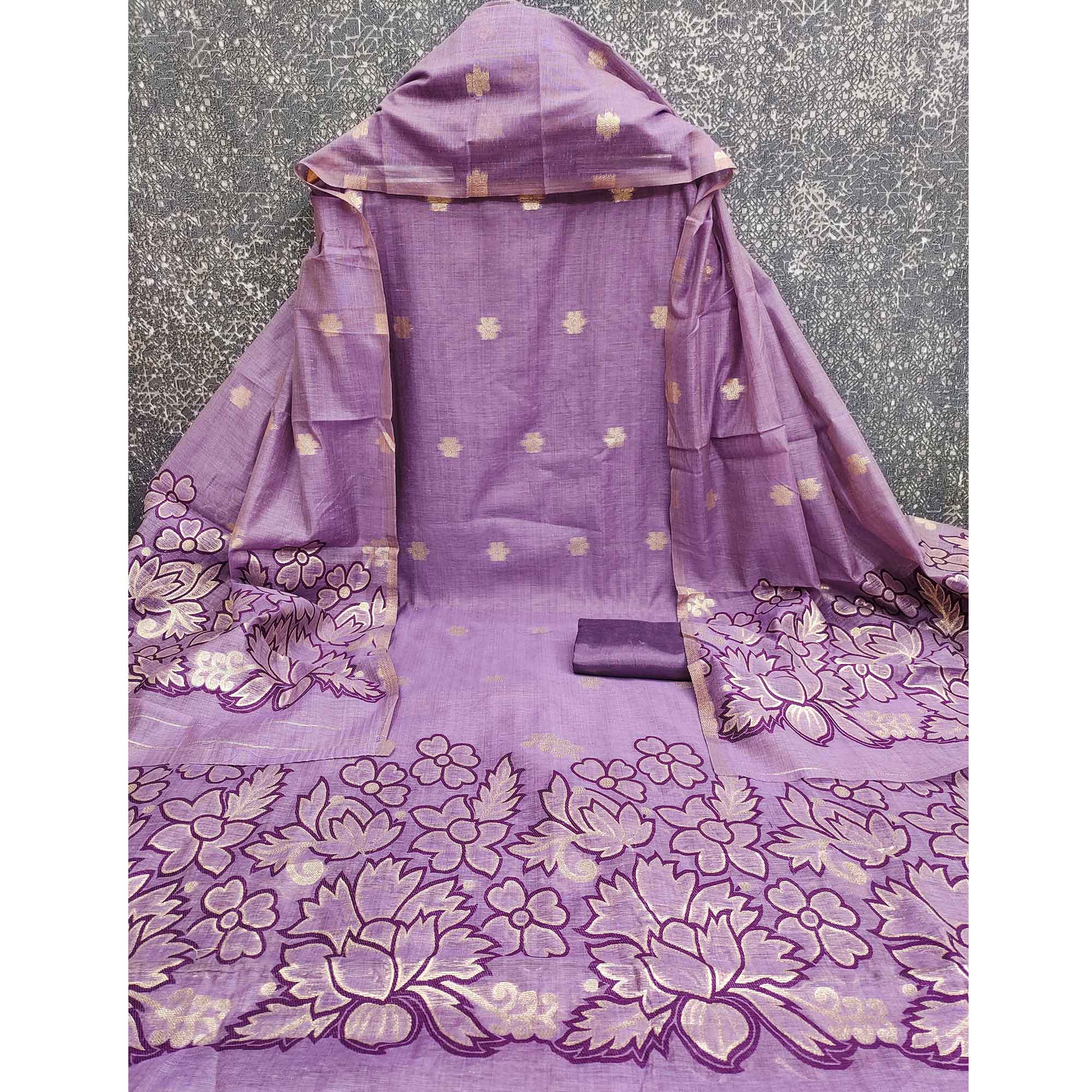 Graceful Lavender Jamdani Art Silk Dress Material Adorned With Intricate Floral Weaving Work