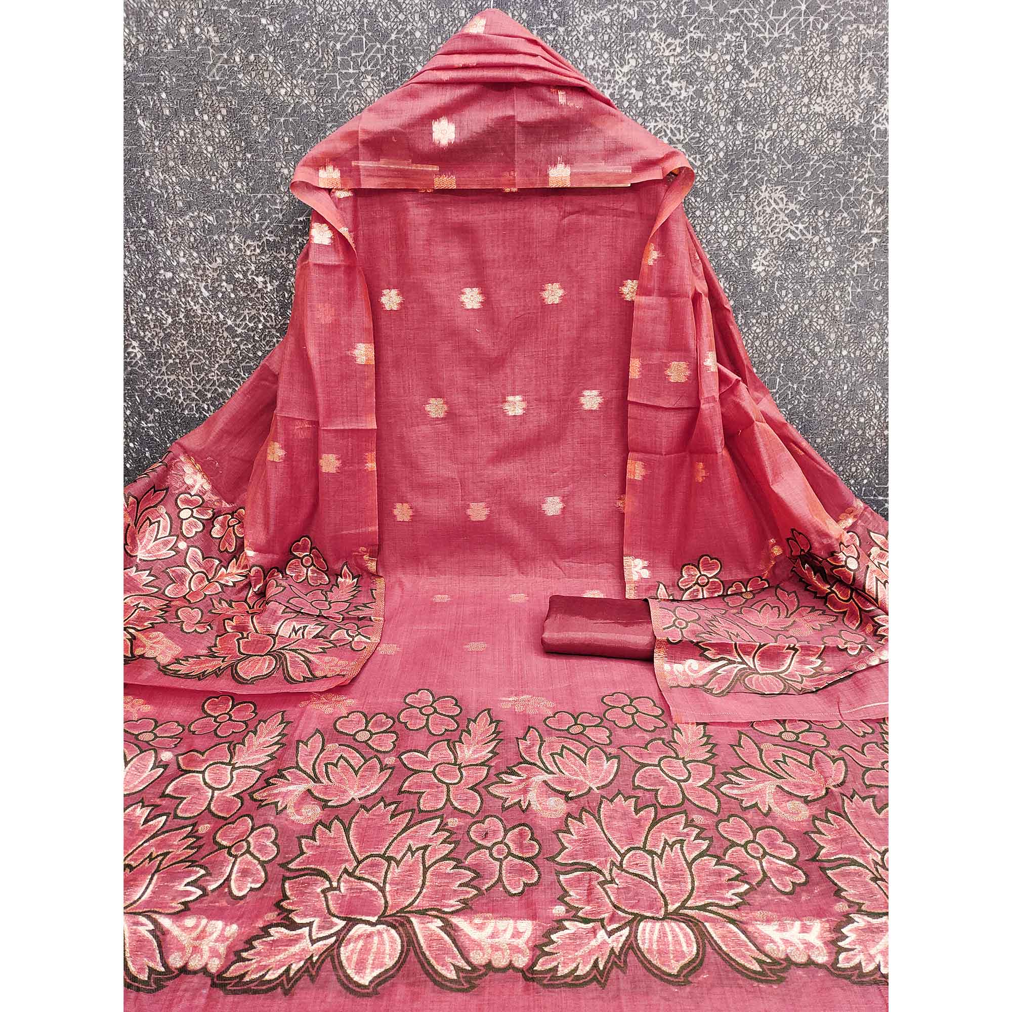 Graceful Pink Jamdani Art Silk Dress Material Adorned With Intricate Floral Weaving Work