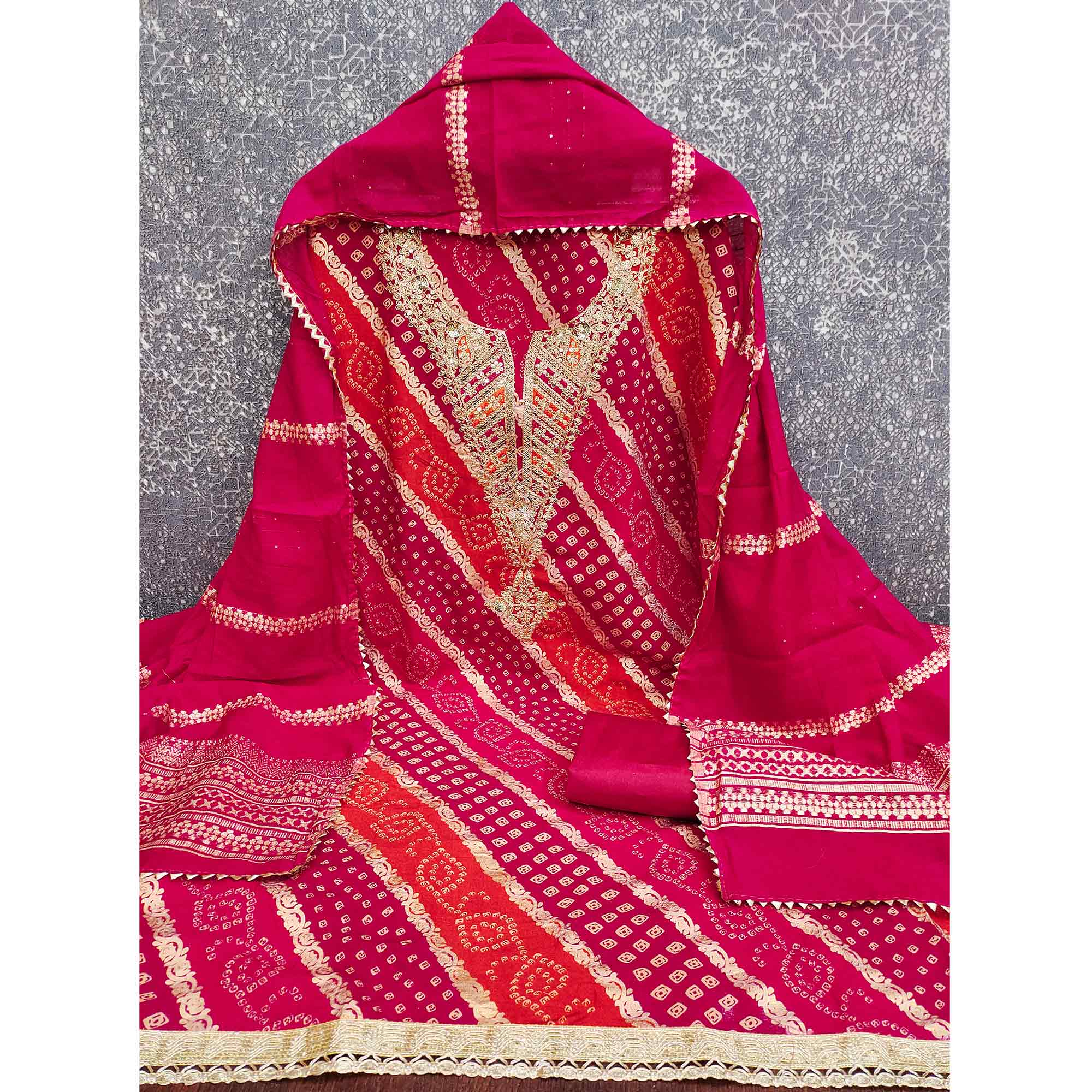 Charming Rani Pink Roman Art Silk Dress Material With Bandhani Prints & Floral Cording Embroidery