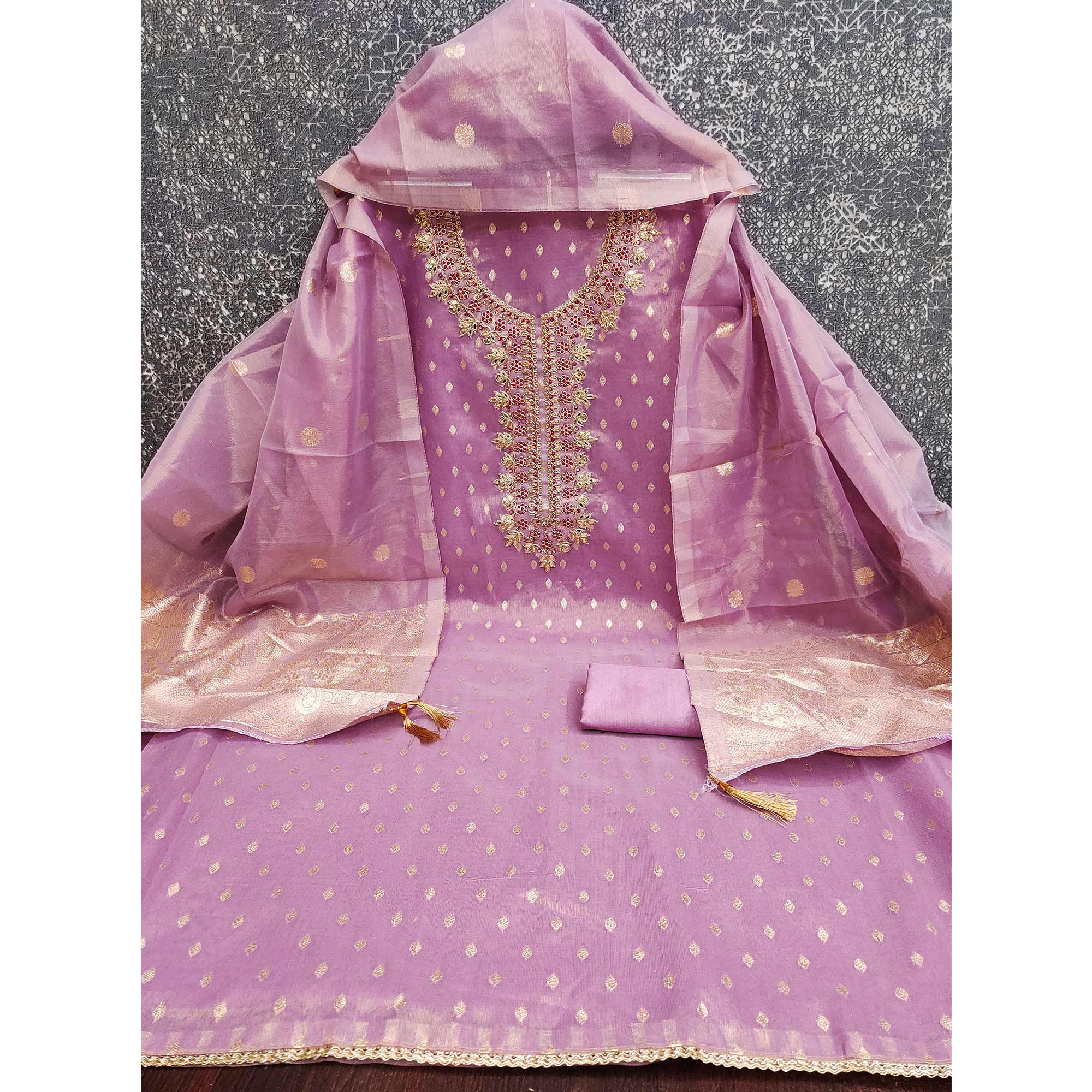 Radiant Lavender Jacquard Butti Shimmer Silk Dress Material With Elegant Cording Sequins Embroidery