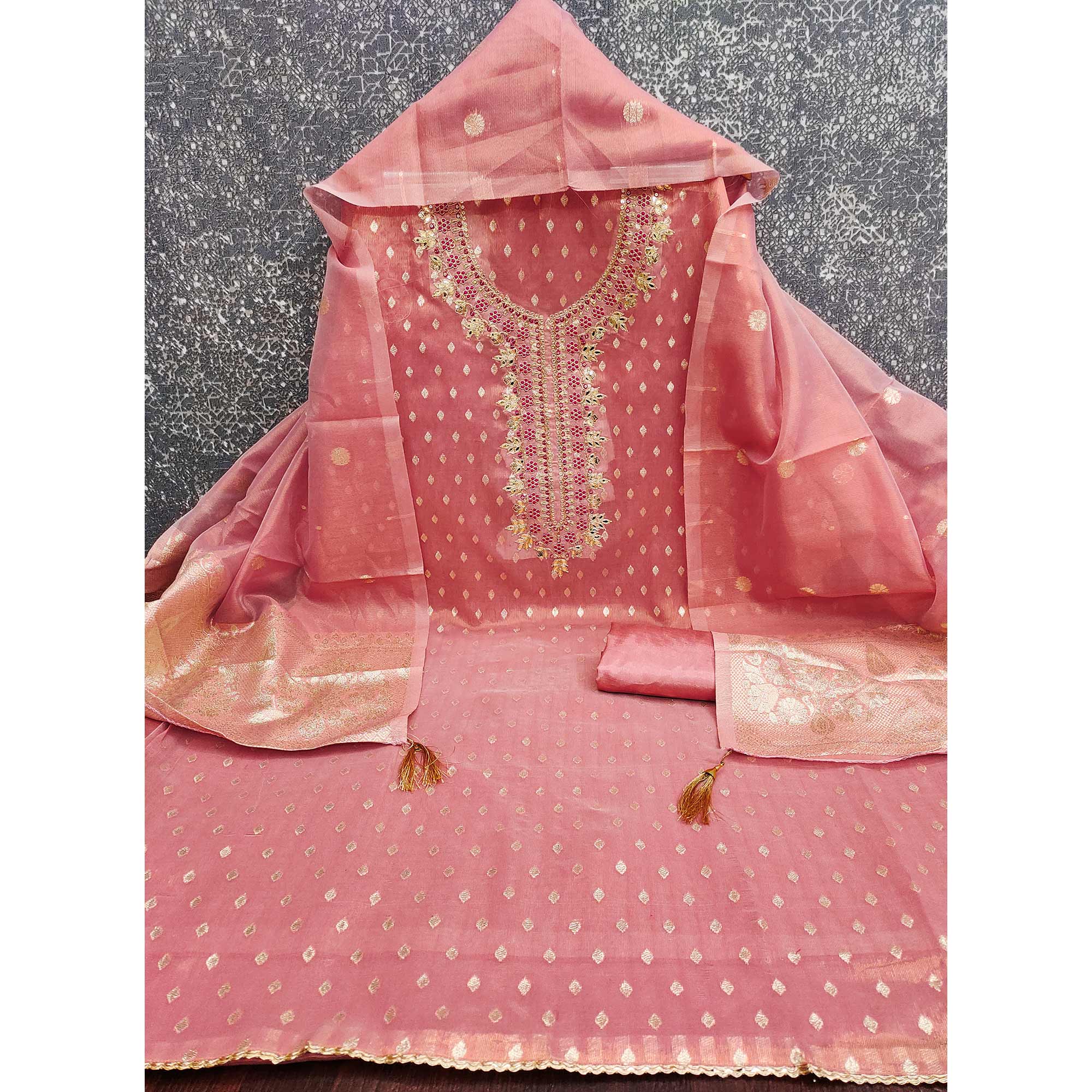 Radiant Peach Jacquard Butti Shimmer Silk Dress Material With Elegant Cording Sequins Embroidery