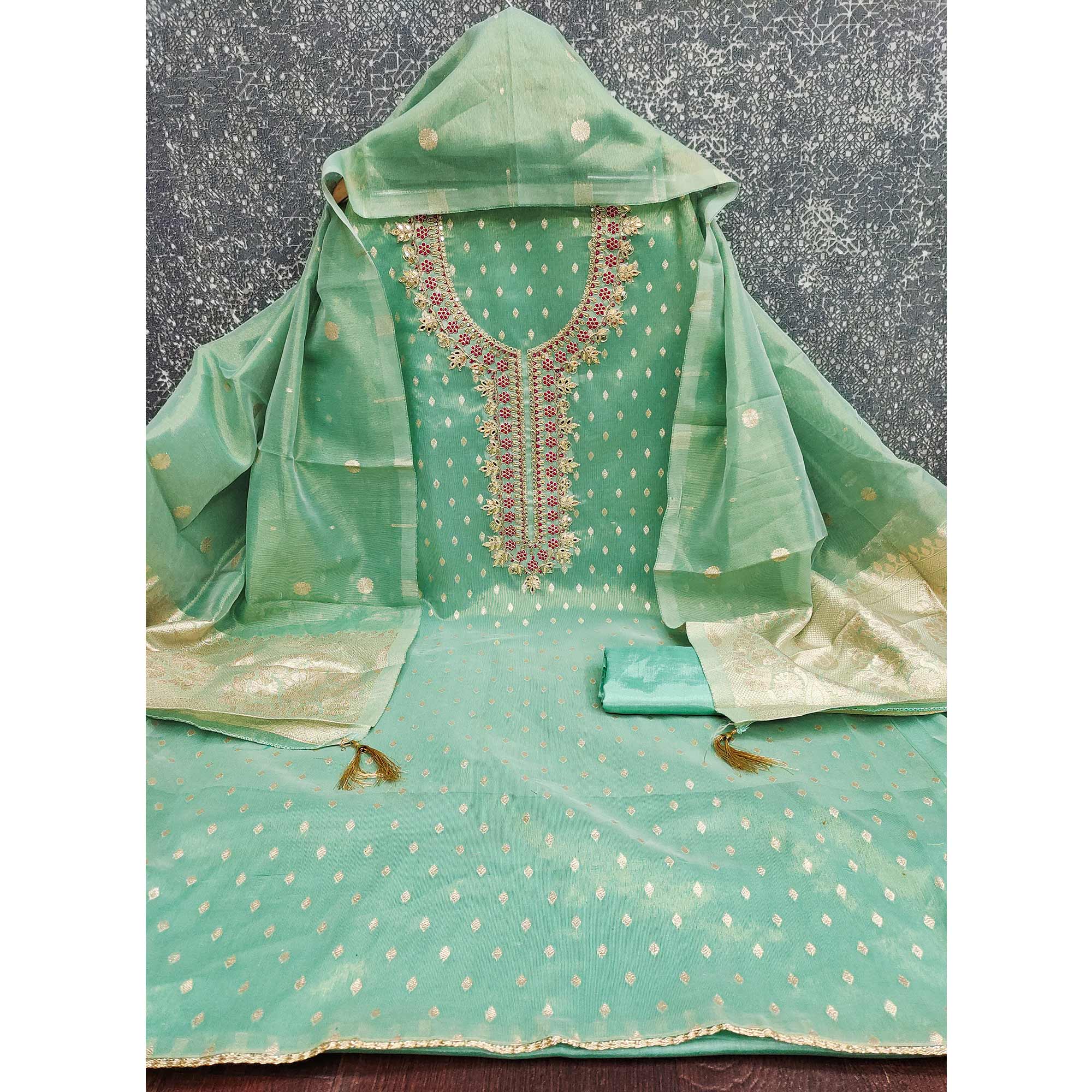 Radiant Turquoise Jacquard Butti Shimmer Silk Dress Material With Elegant Cording Sequins Embroidery