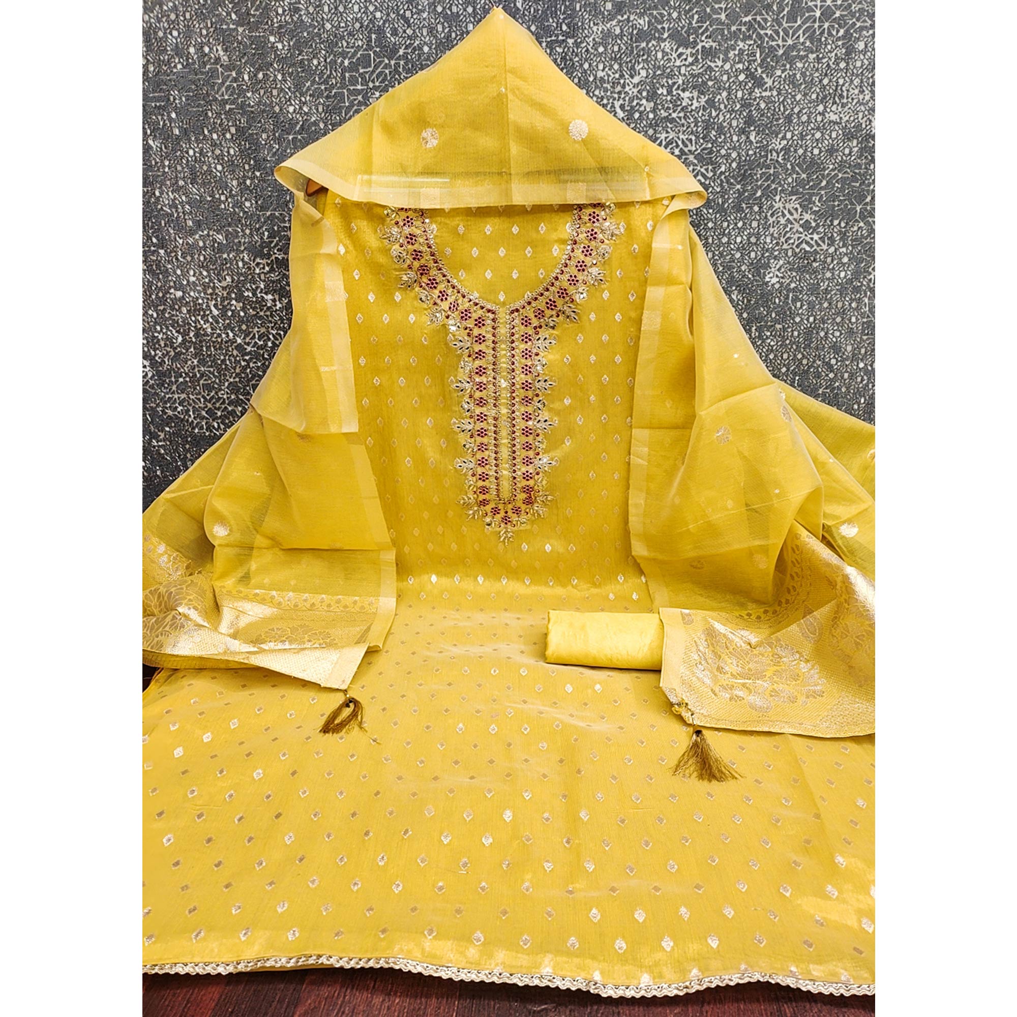 Radiant Yellow Jacquard Butti Shimmer Silk Dress Material With Elegant Cording Sequins Embroidery