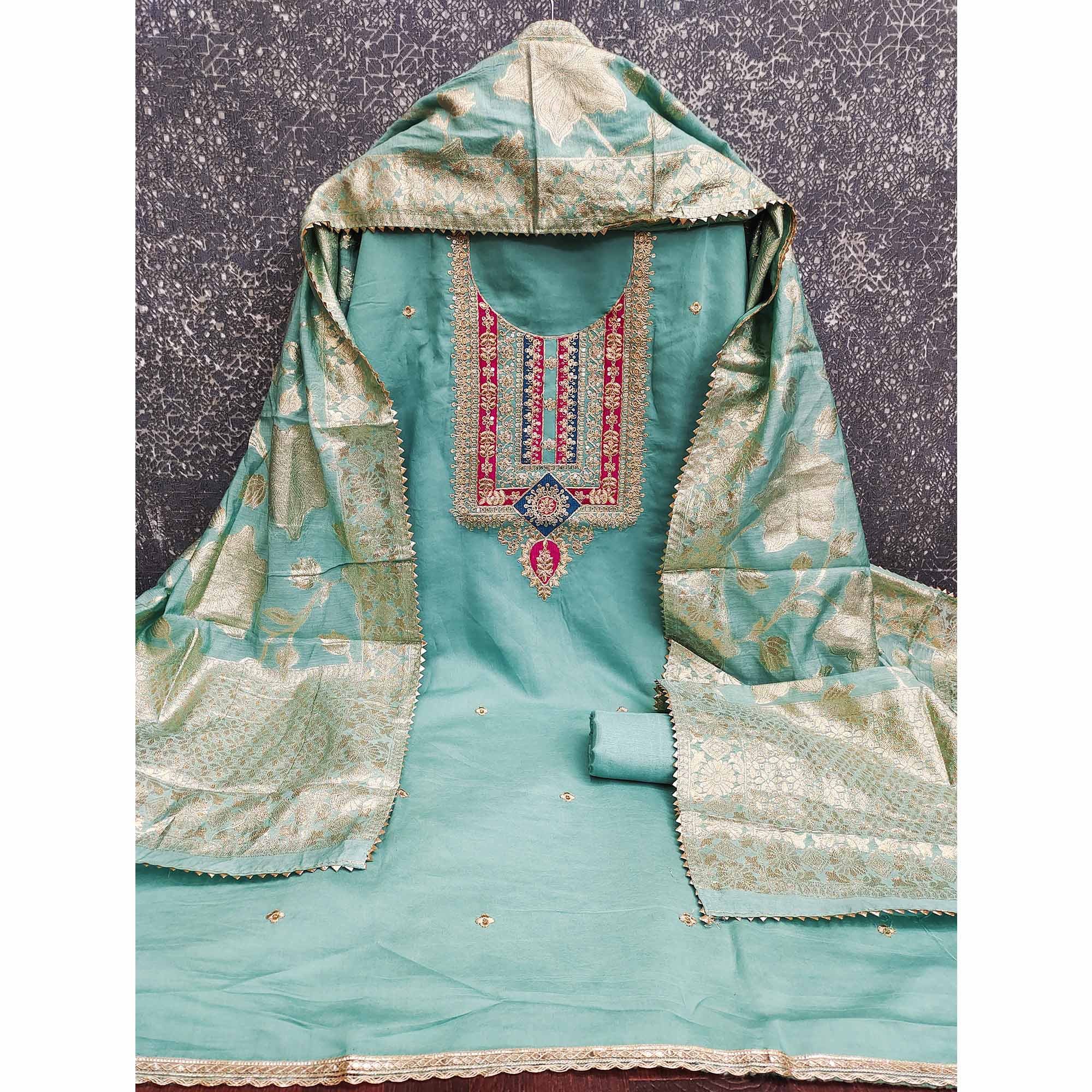 Elegant Blue Art Silk Dress Material Adorned With Floral Cording & Sequins Embroidery