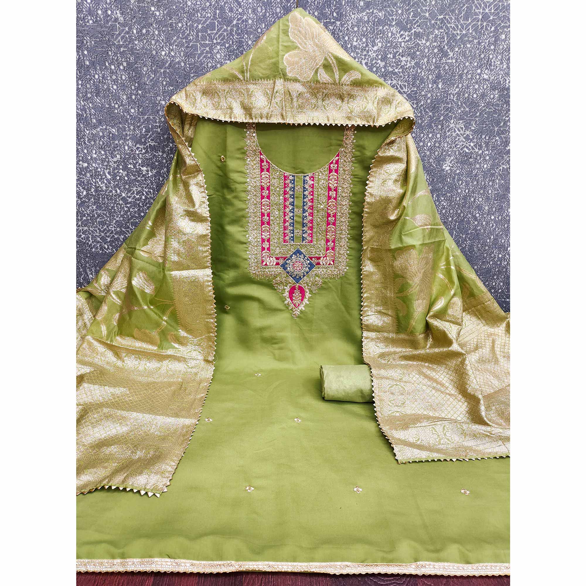 Elegant Green Art Silk Dress Material Adorned With Floral Cording & Sequins Embroidery