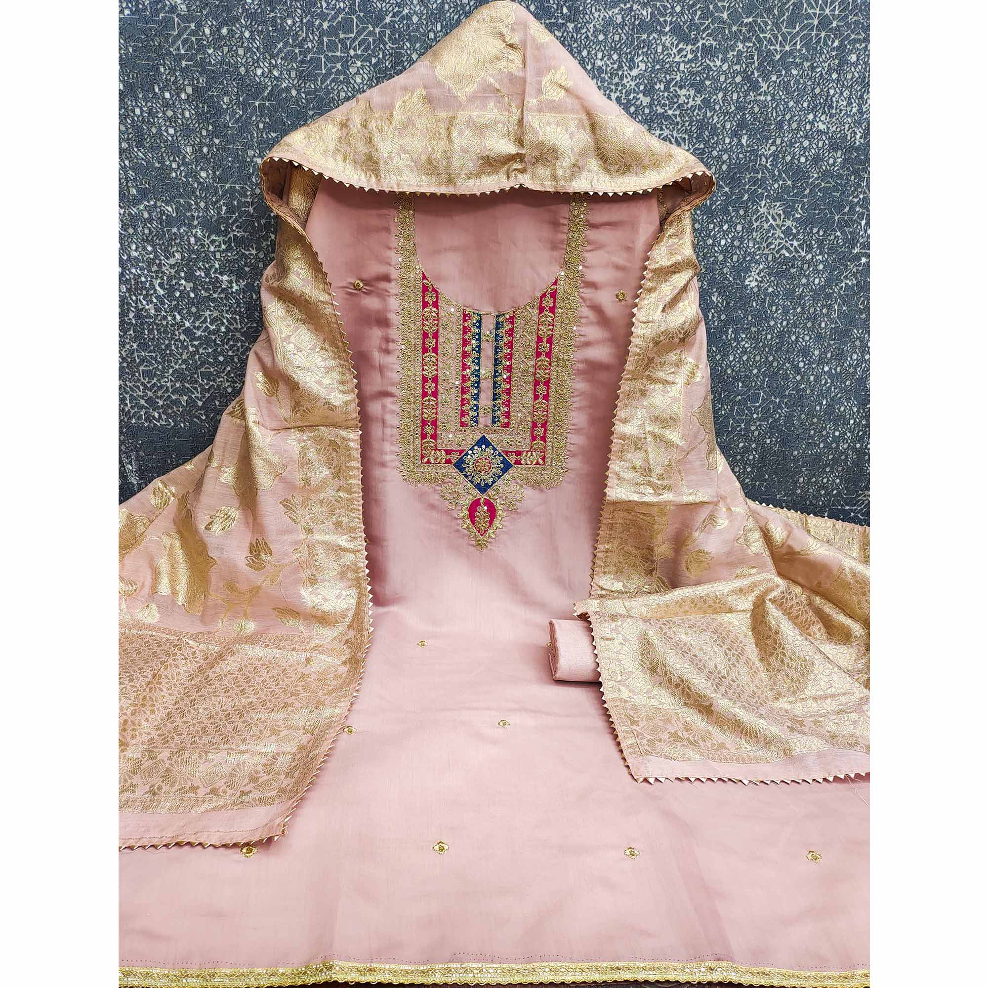 Elegant Peach Art Silk Dress Material Adorned With Floral Cording & Sequins Embroidery