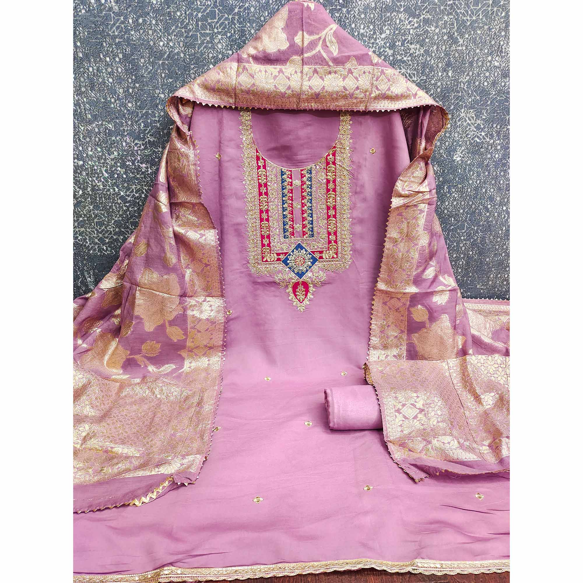 Elegant Pink Art Silk Dress Material Adorned With Floral Cording & Sequins Embroidery