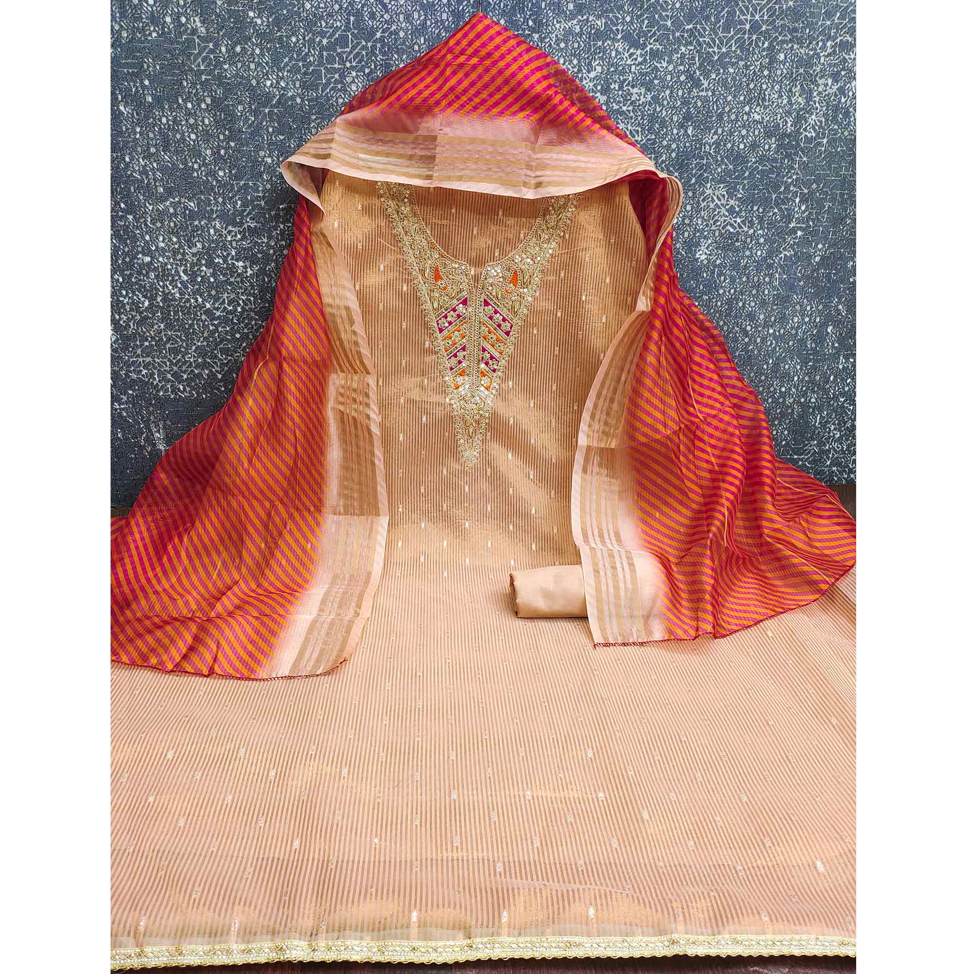 Premium Peach Shimmer Dress Material With Detailed Butti Weaving & Cording Embroidery