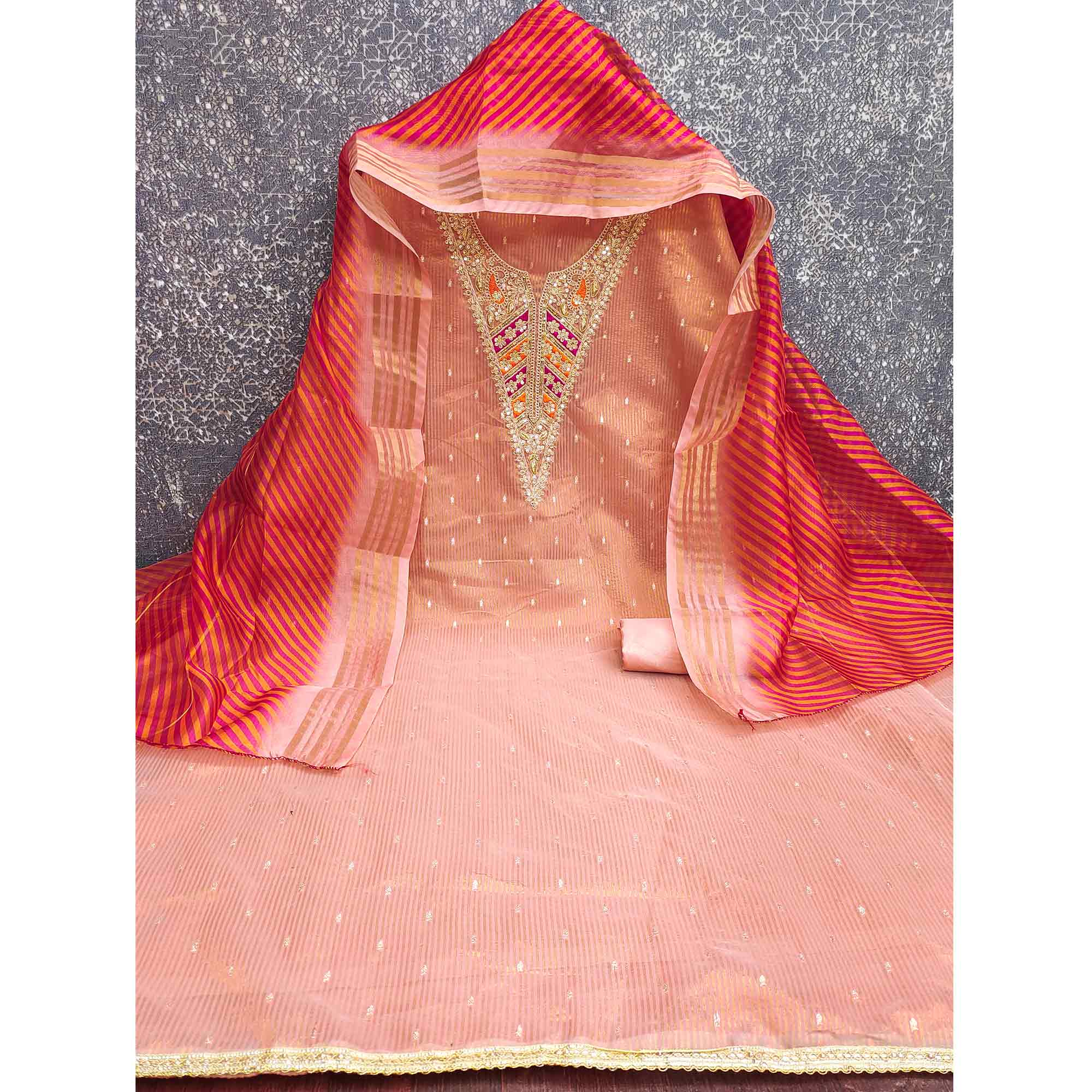 Premium Pink Shimmer Dress Material With Detailed Butti Weaving & Cording Embroidery