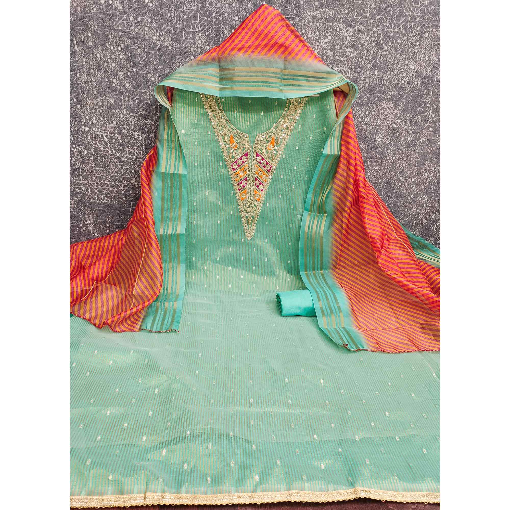 Premium Turquoise Shimmer Dress Material With Detailed Butti Weaving & Cording Embroidery