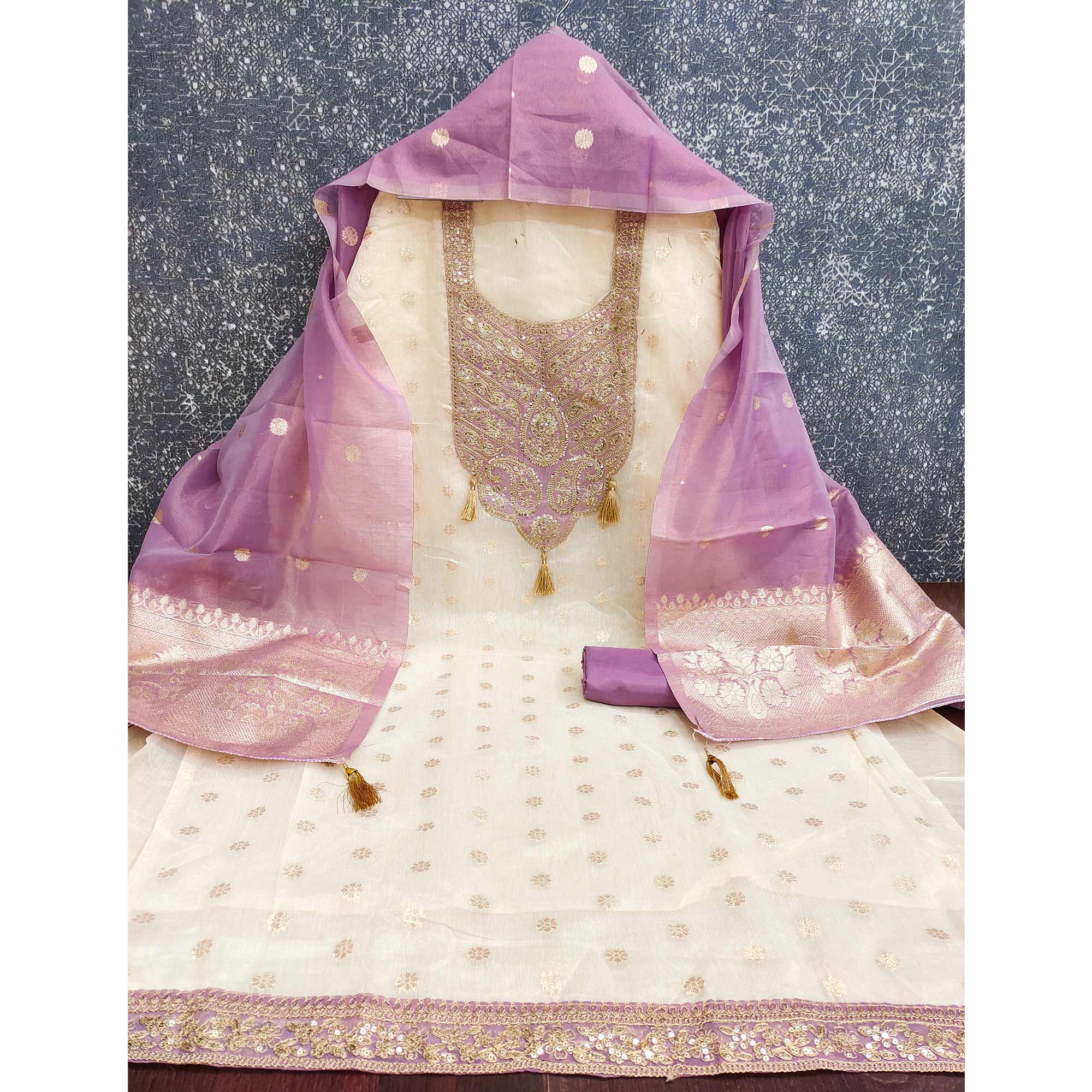 Cream & Lavender Butti Weaving Shimmer Silk Dress Material Accented With Sequins Cording Embroidery