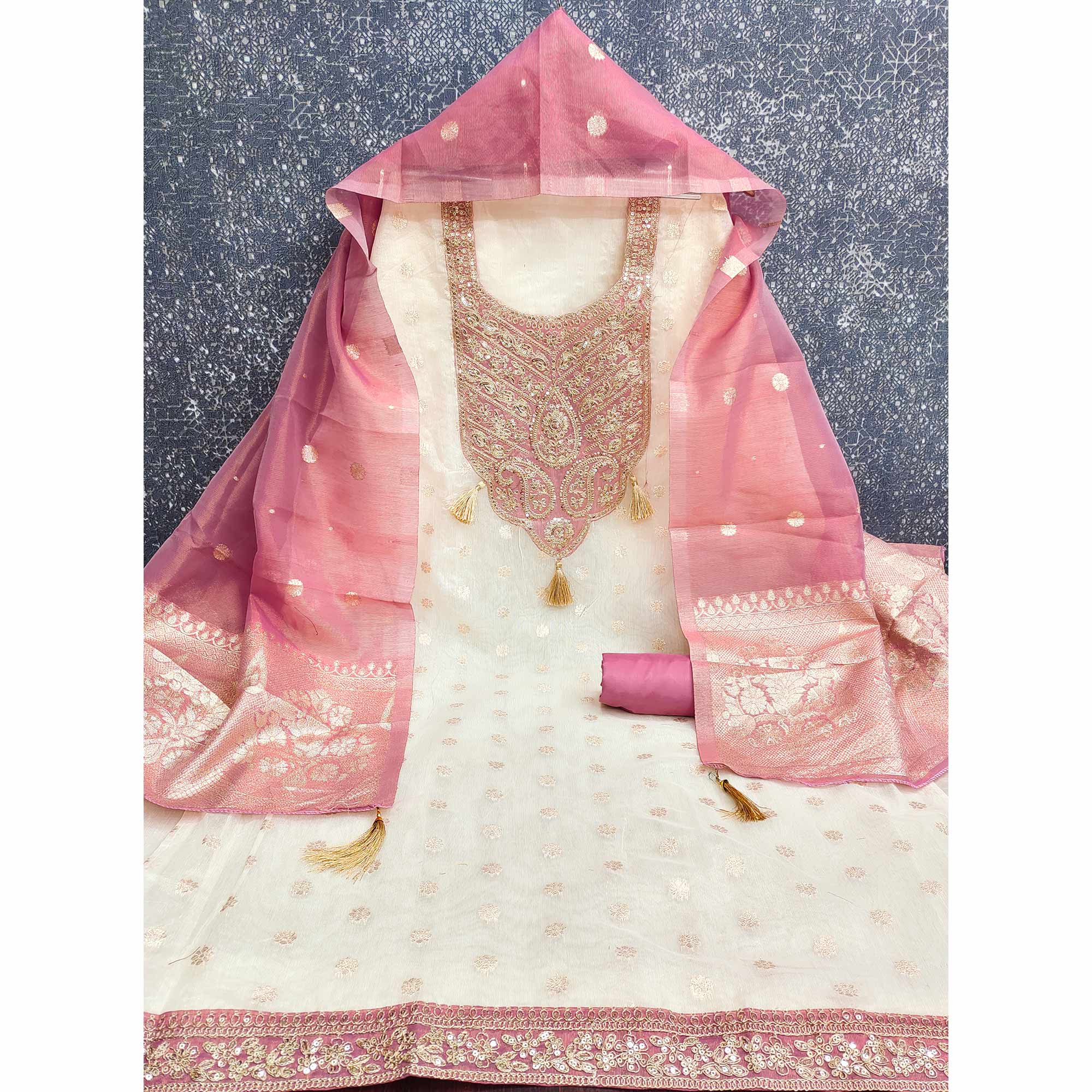 Cream & Pink Butti Weaving Shimmer Silk Dress Material Accented With Sequins Cording Embroidery