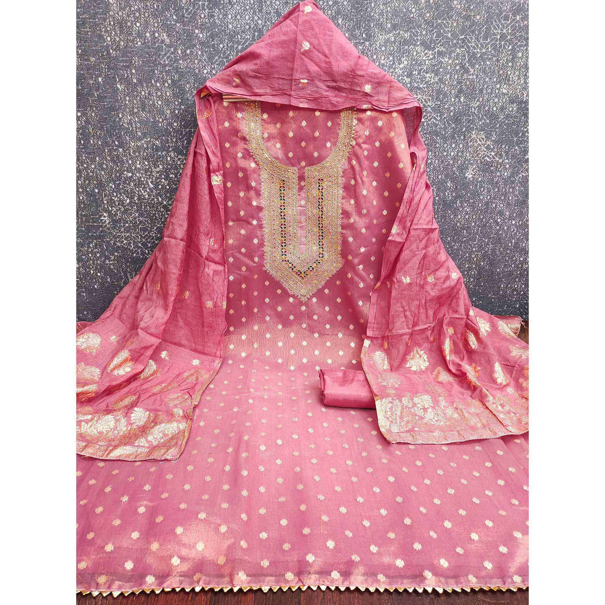 Exclusive Pink Floral Butti Weaving Shimmer Silk Dress Material With Cording Sequins Embroidery