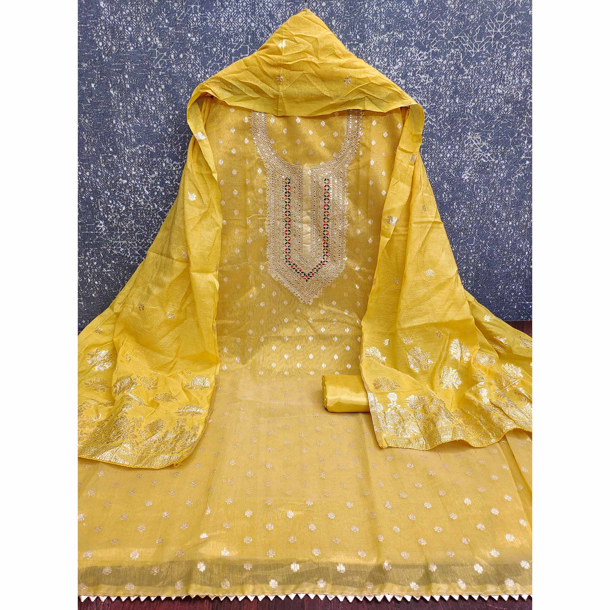 Exclusive Yellow Floral Butti Weaving Shimmer Silk Dress Material With Cording Sequins Embroidery
