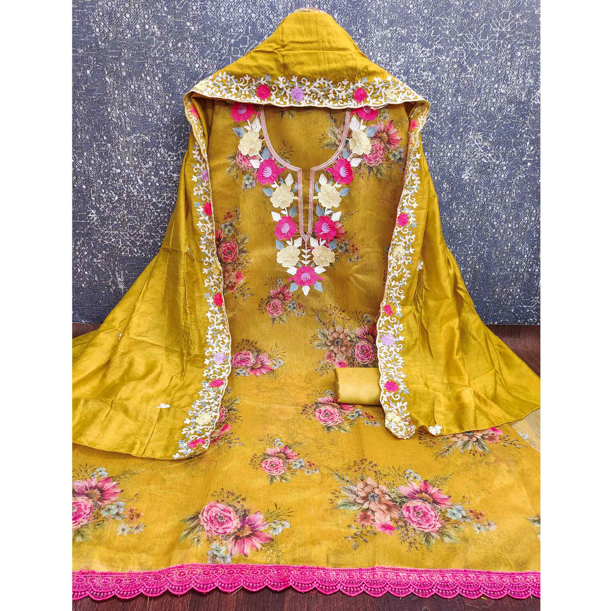 Designer Mustard Floral Digital Printed Shimmer Silk Dress Material Featuring Embroidery Work
