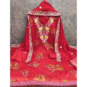 Designer Red Floral Digital Printed Shimmer Silk Dress Material Featuring Embroidery Work