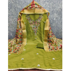 Exclusive Green Floral Embroidery Art Silk Dress Material With Sequins & Beads Work