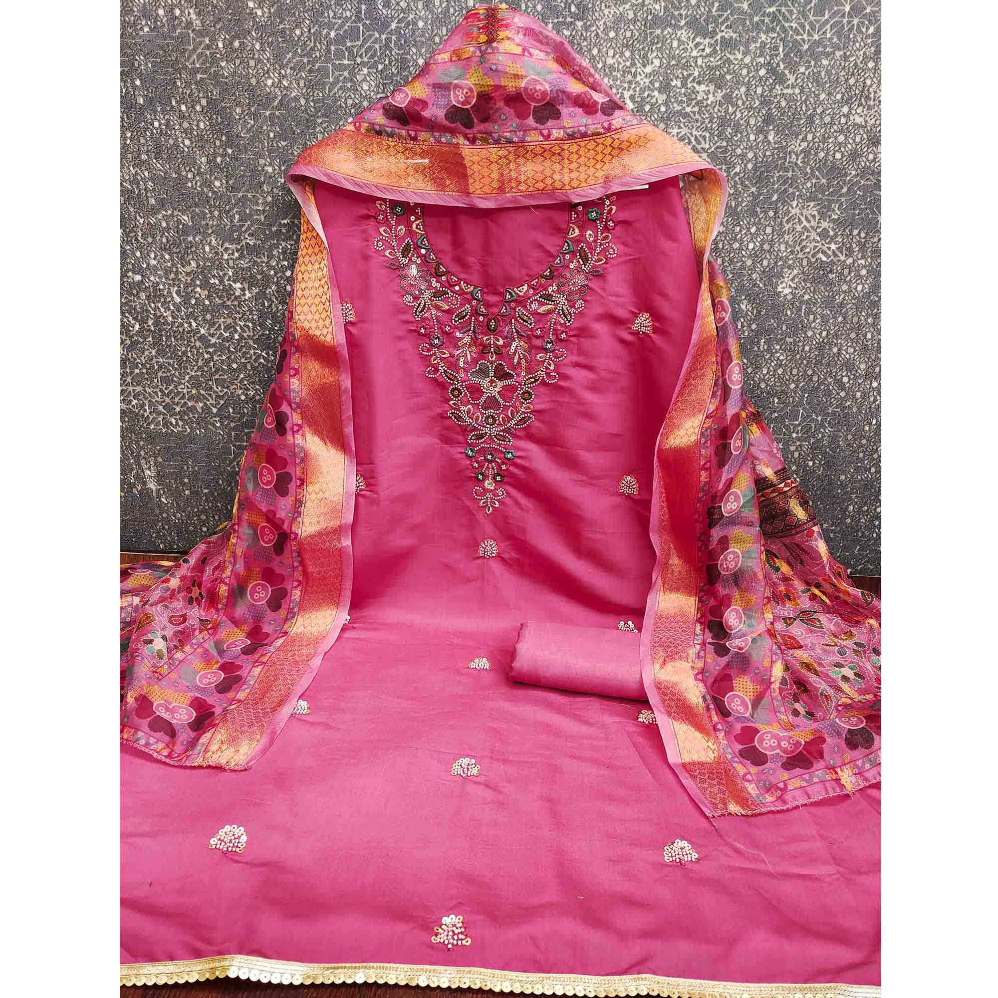 Exclusive Pink Floral Embroidery Art Silk Dress Material With Sequins & Beads Work