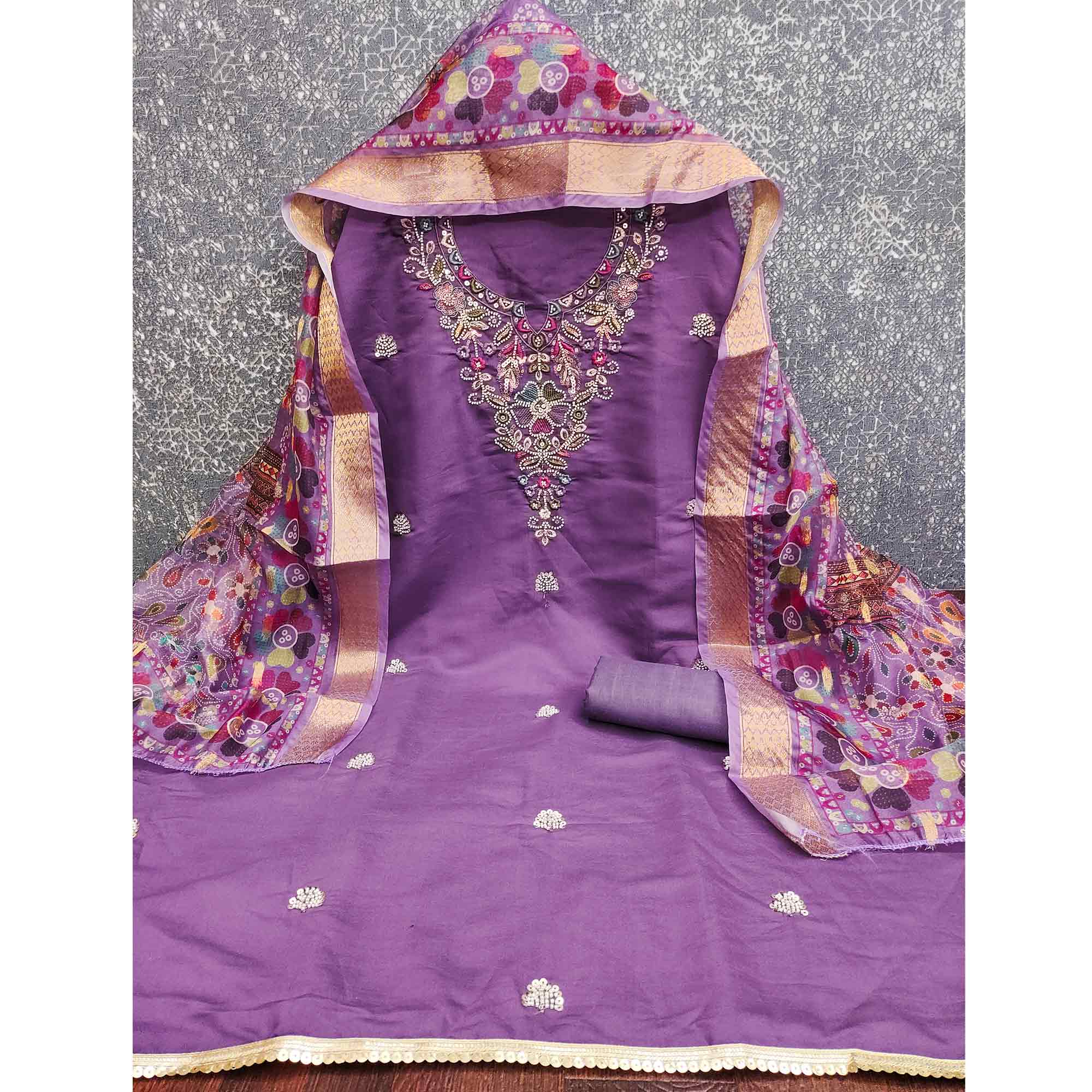 Exclusive Purple Floral Embroidery Art Silk Dress Material With Sequins & Beads Work