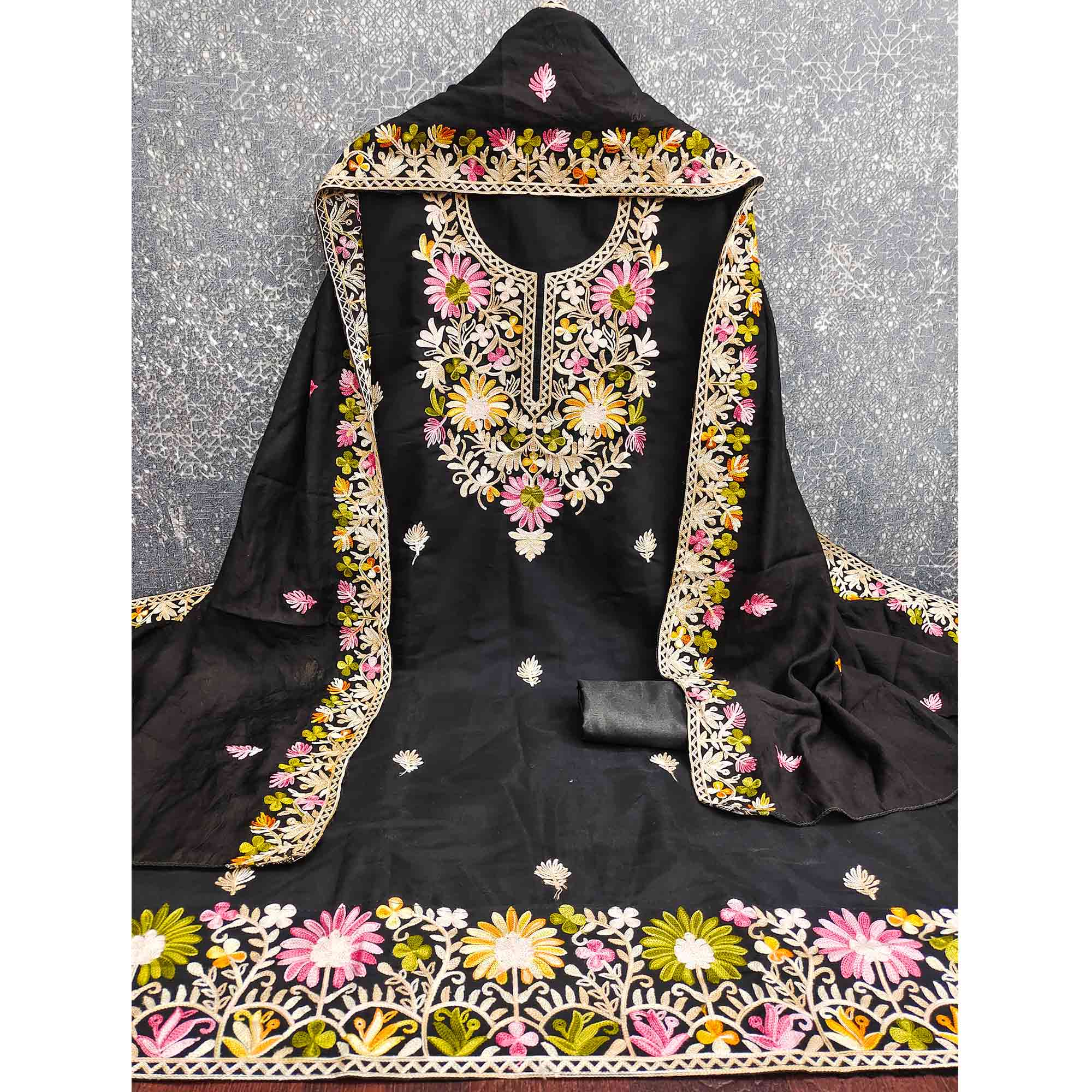 Black Designer Roman Art Silk Dress Material Adorned With Floral Thread Embroidery Work