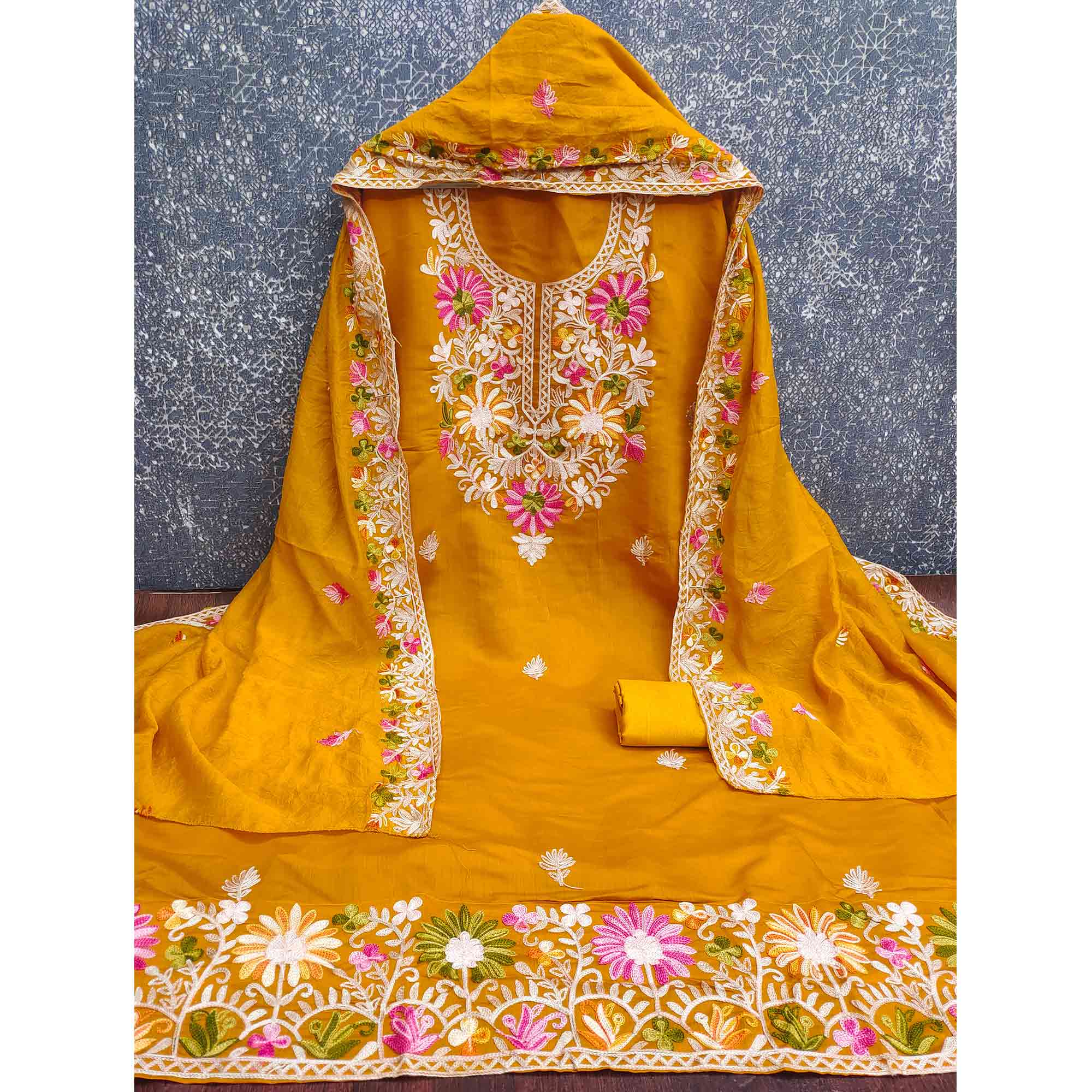 Dark Mustard Designer Roman Art Silk Dress Material Adorned With Floral Thread Embroidery Work