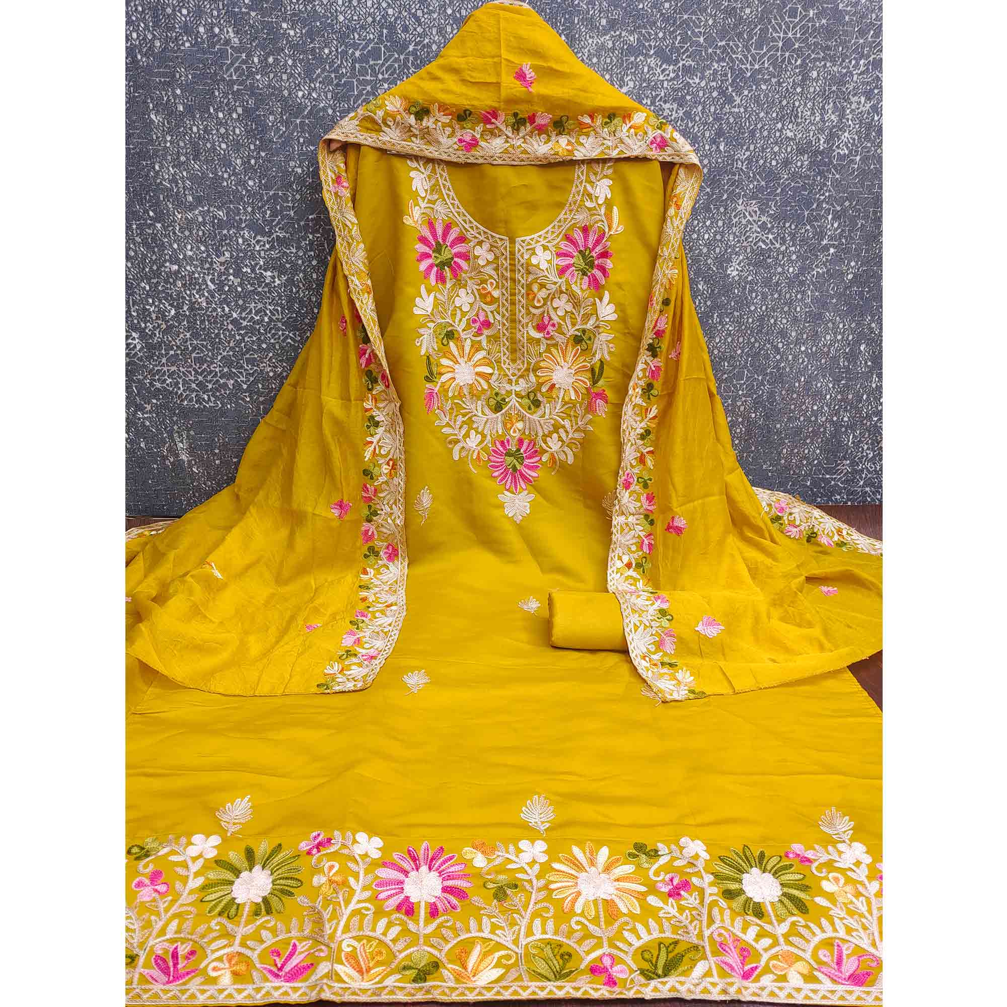 Mustard Designer Roman Art Silk Dress Material Adorned With Floral Thread Embroidery Work