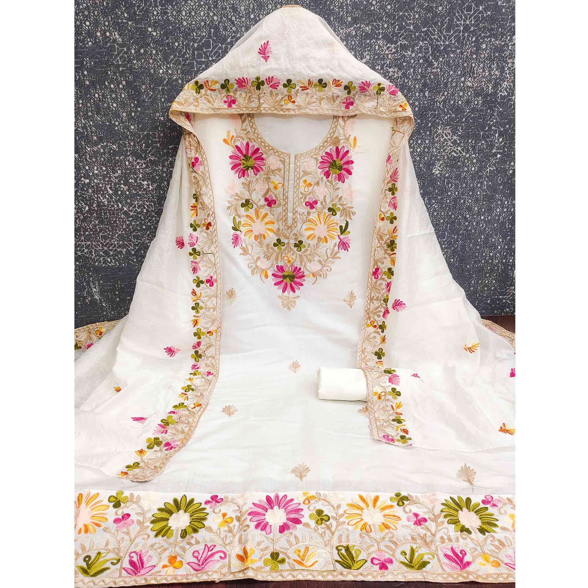 Offwhite Designer Roman Art Silk Dress Material Adorned With Floral Thread Embroidery Work