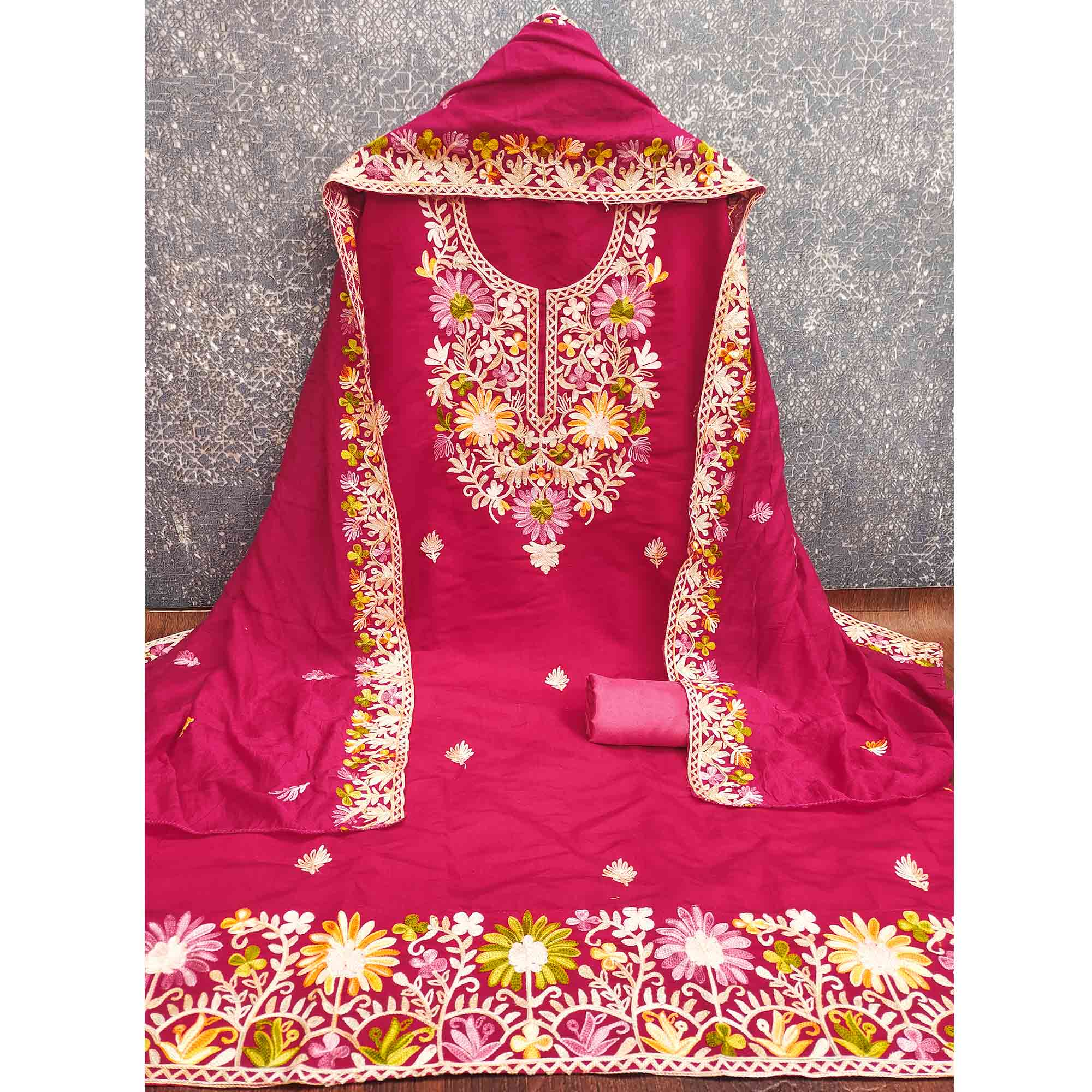 Rani Pink Designer Roman Art Silk Dress Material Adorned With Floral Thread Embroidery Work