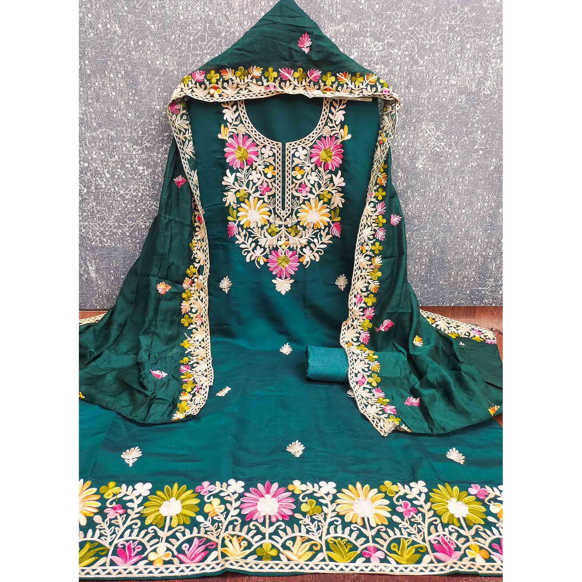 Teal Designer Roman Art Silk Dress Material Adorned With Floral Thread Embroidery Work