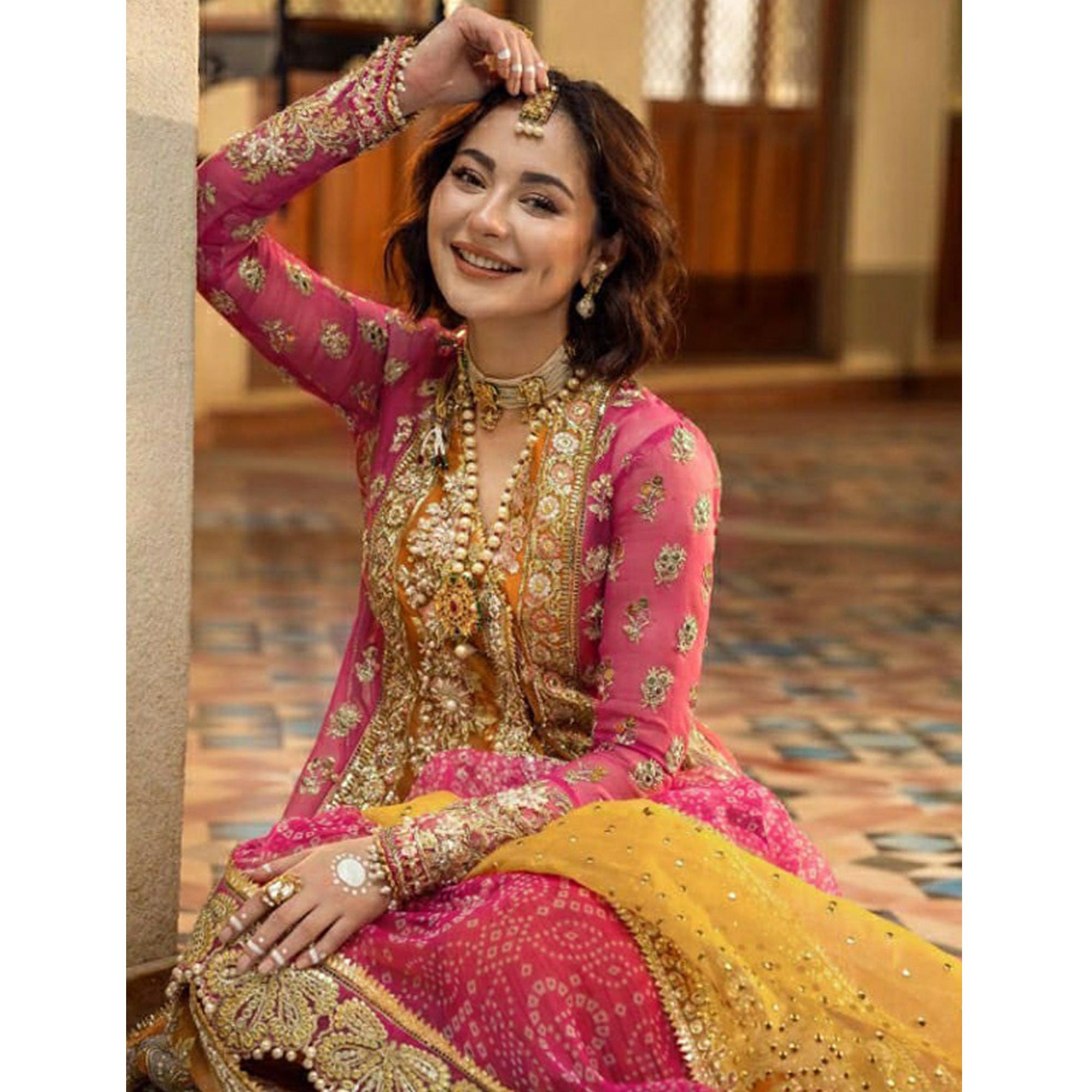 Rani Pink Floral Embroidered Organza Palazzo Suit