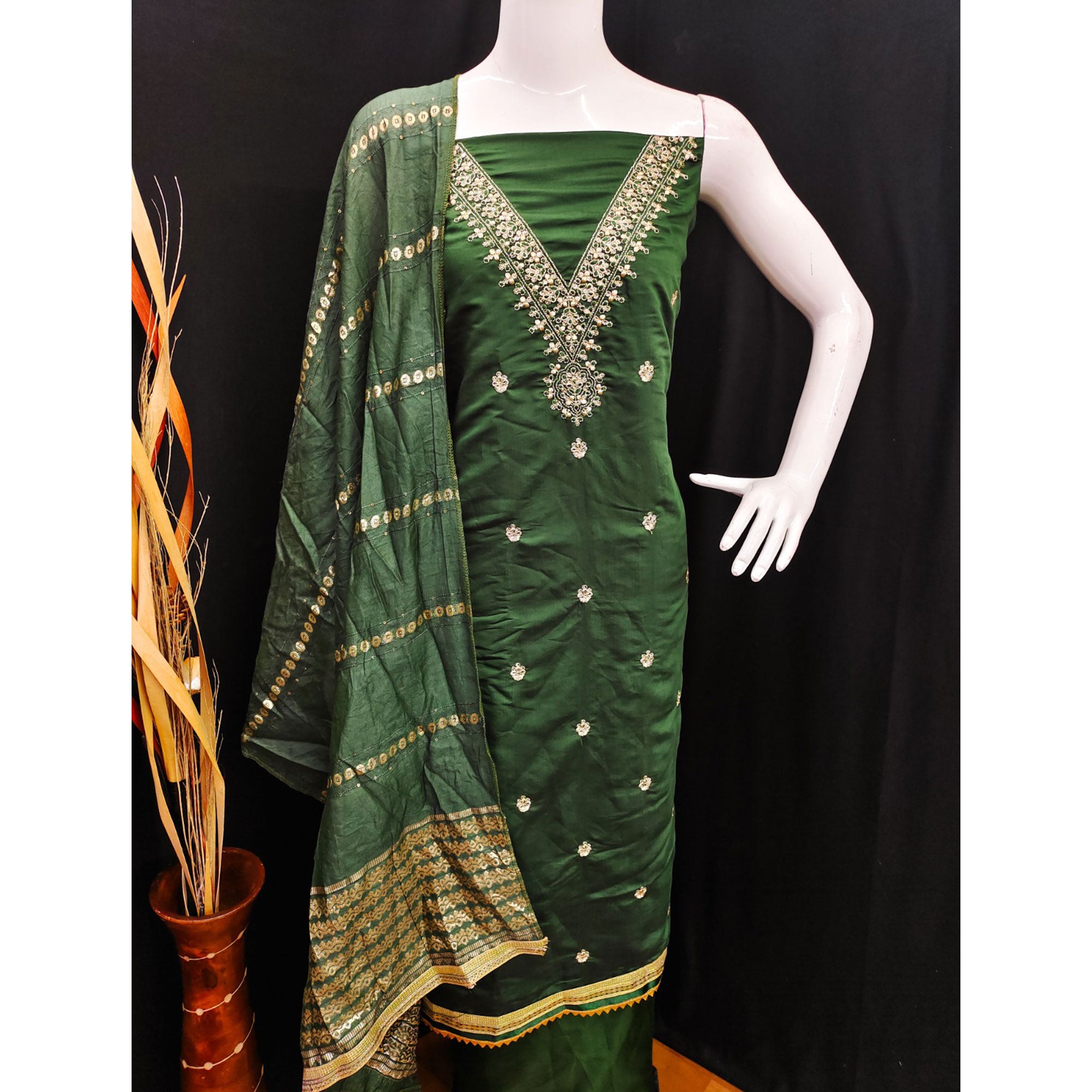 Green Embroidered Chanderi Silk Dress Material