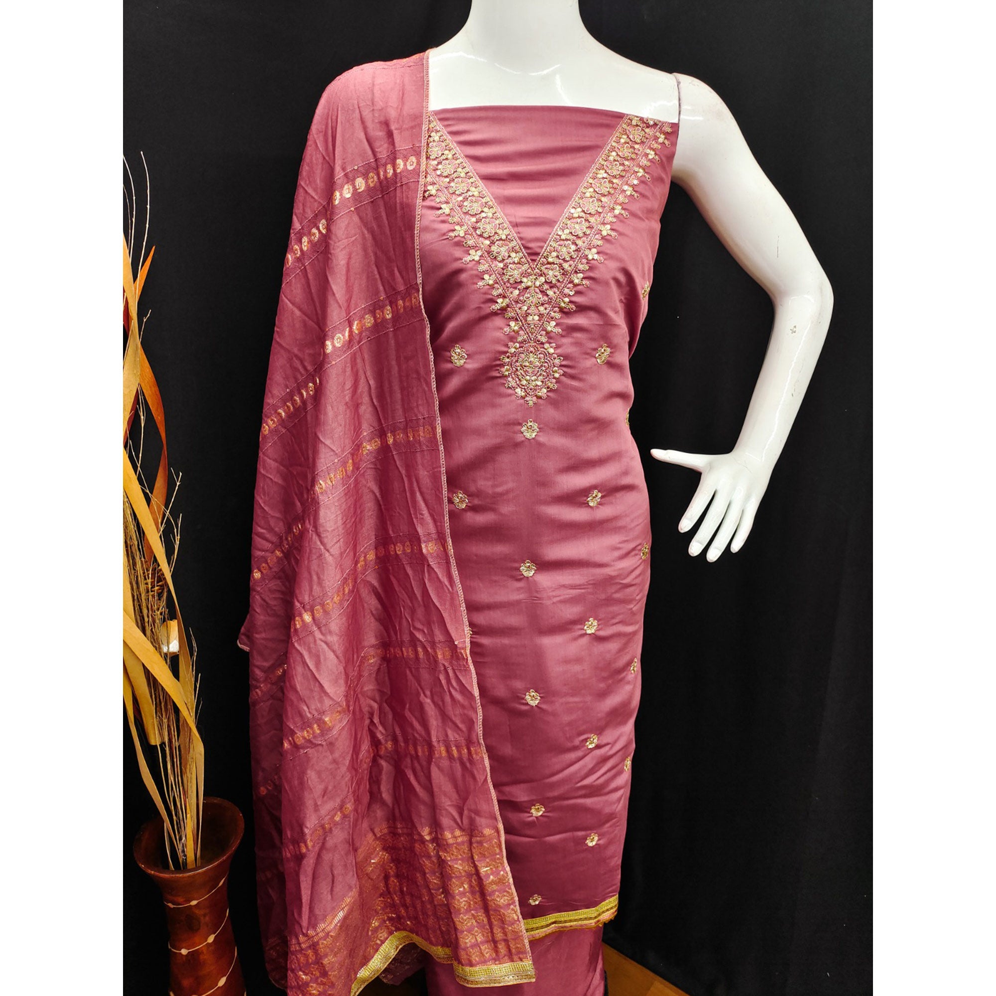 Pink Embroidered Chanderi Silk Dress Material