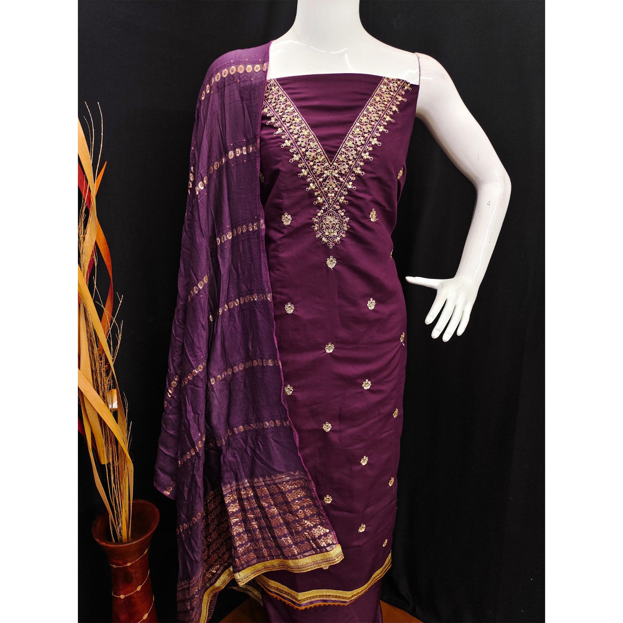 Wine Embroidered Chanderi Silk Dress Material