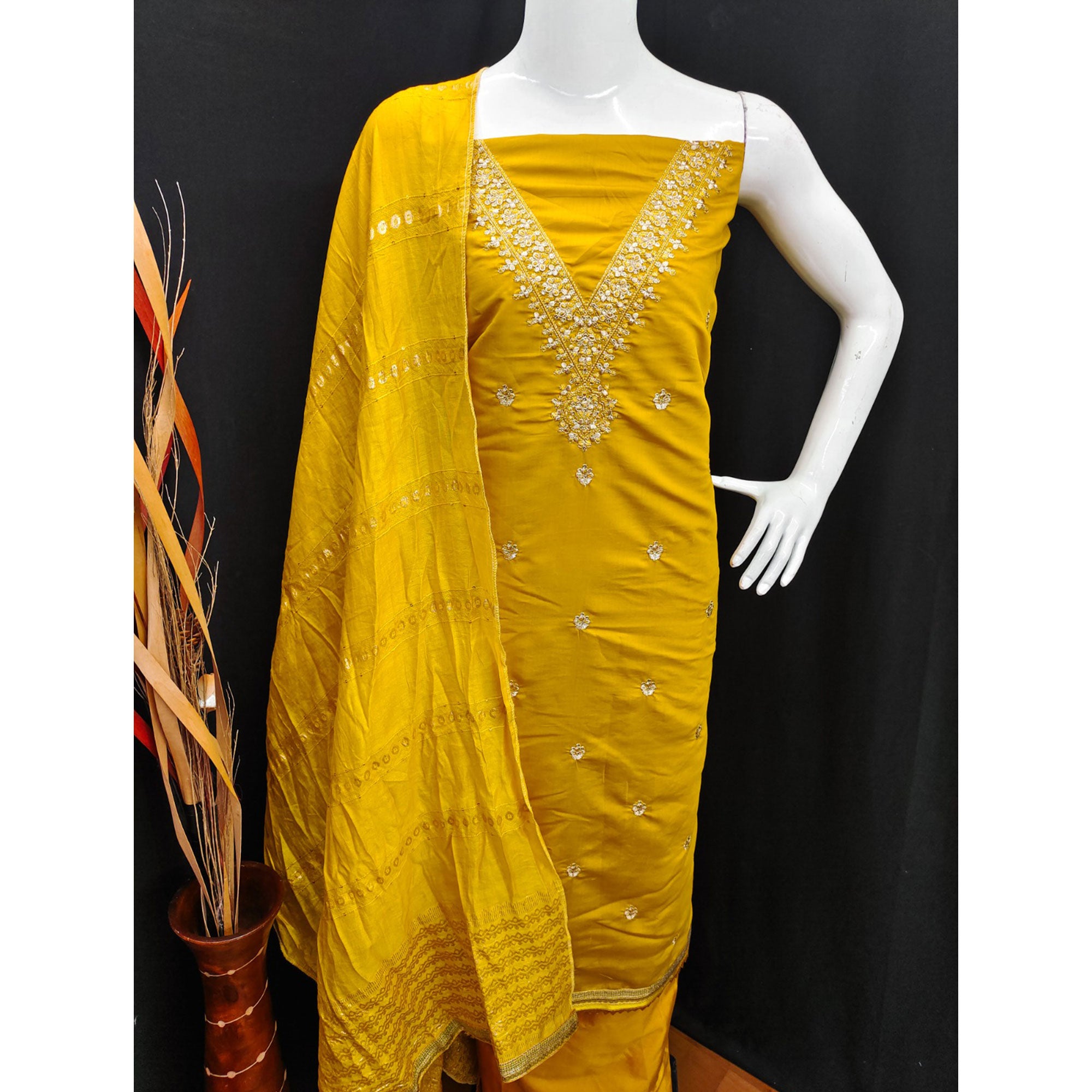 Yellow Embroidered Chanderi Silk Dress Material