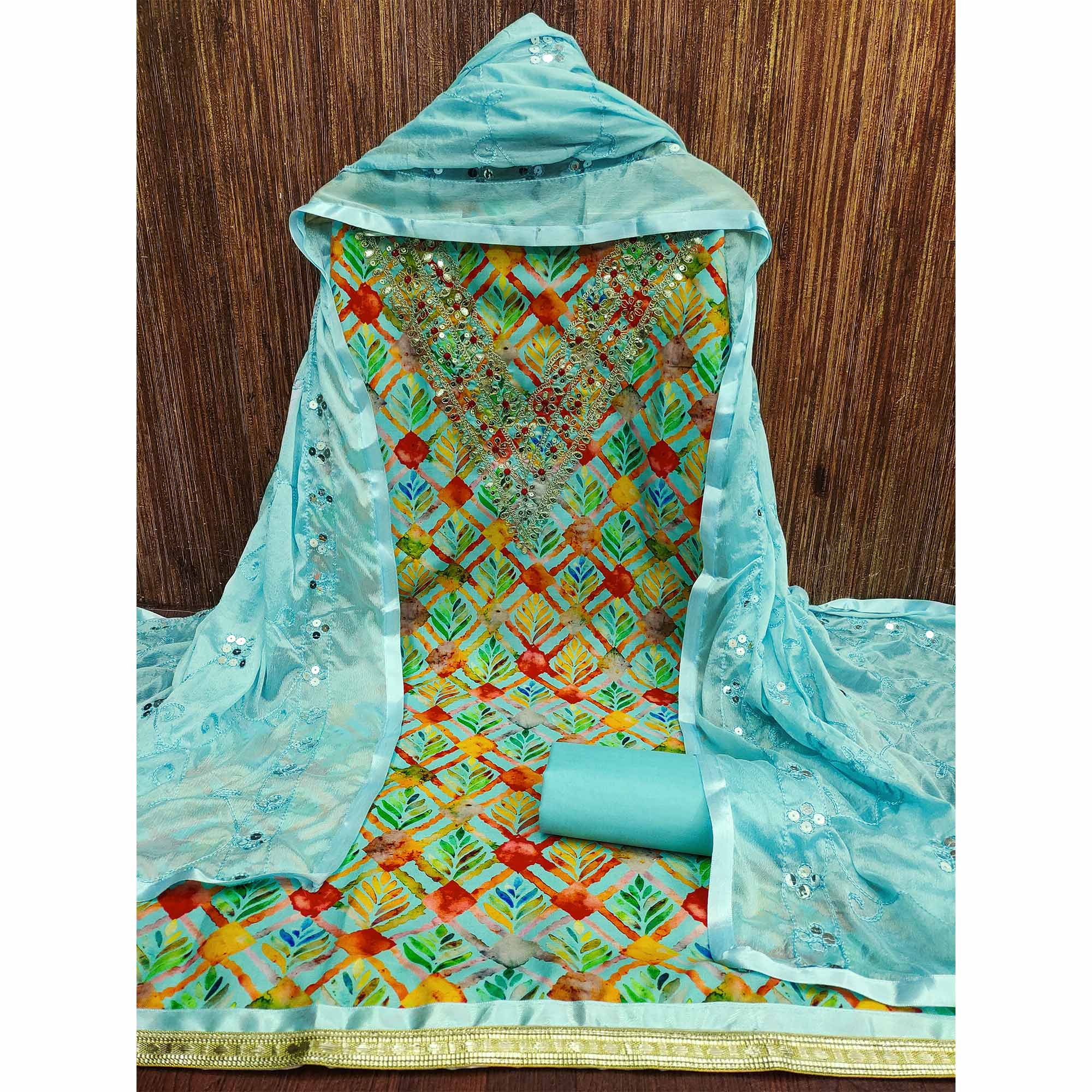 Blue Digital Printed With Sequins Work Cotton Blend Dress Material