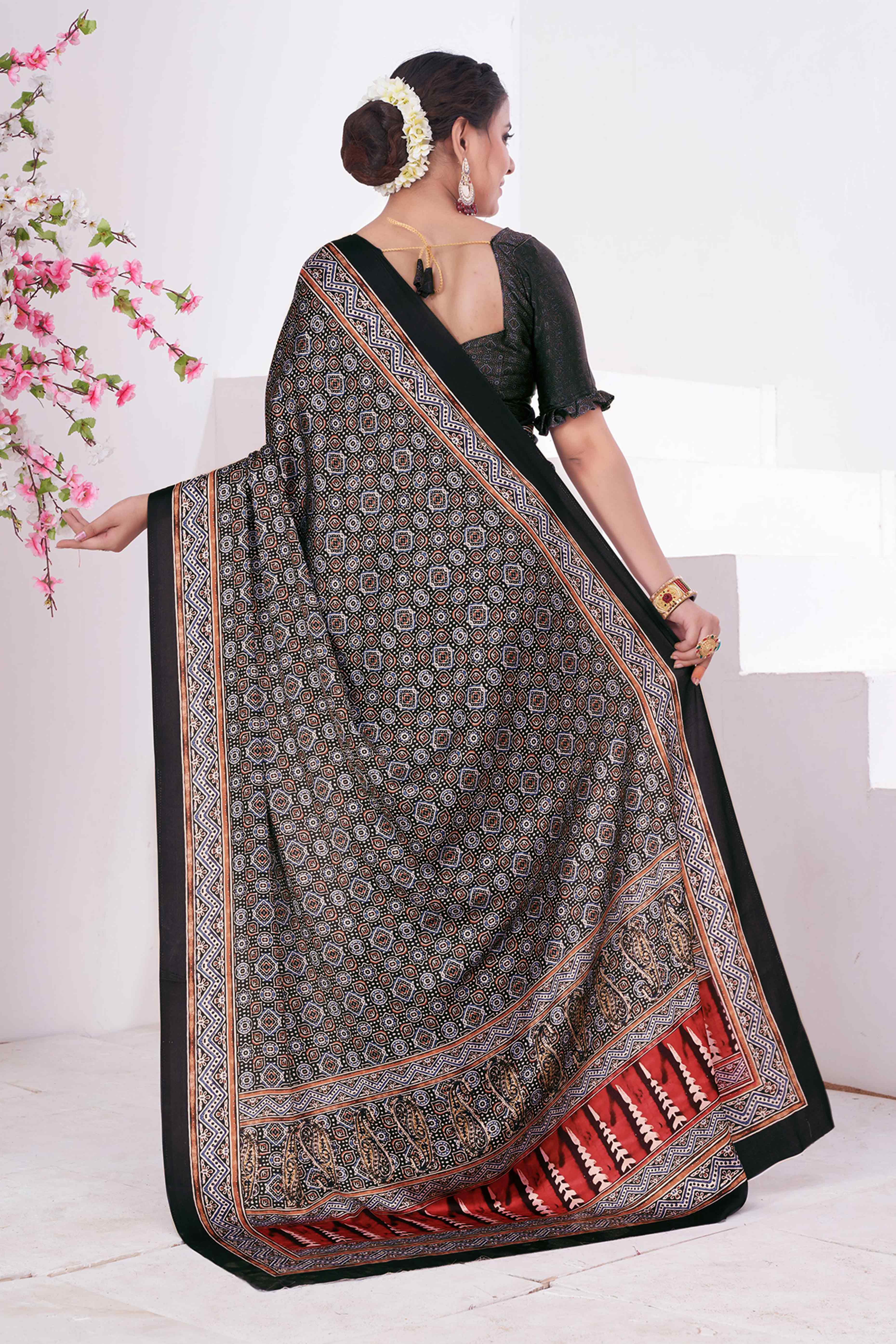 Black Digital Printed Crepe Saree