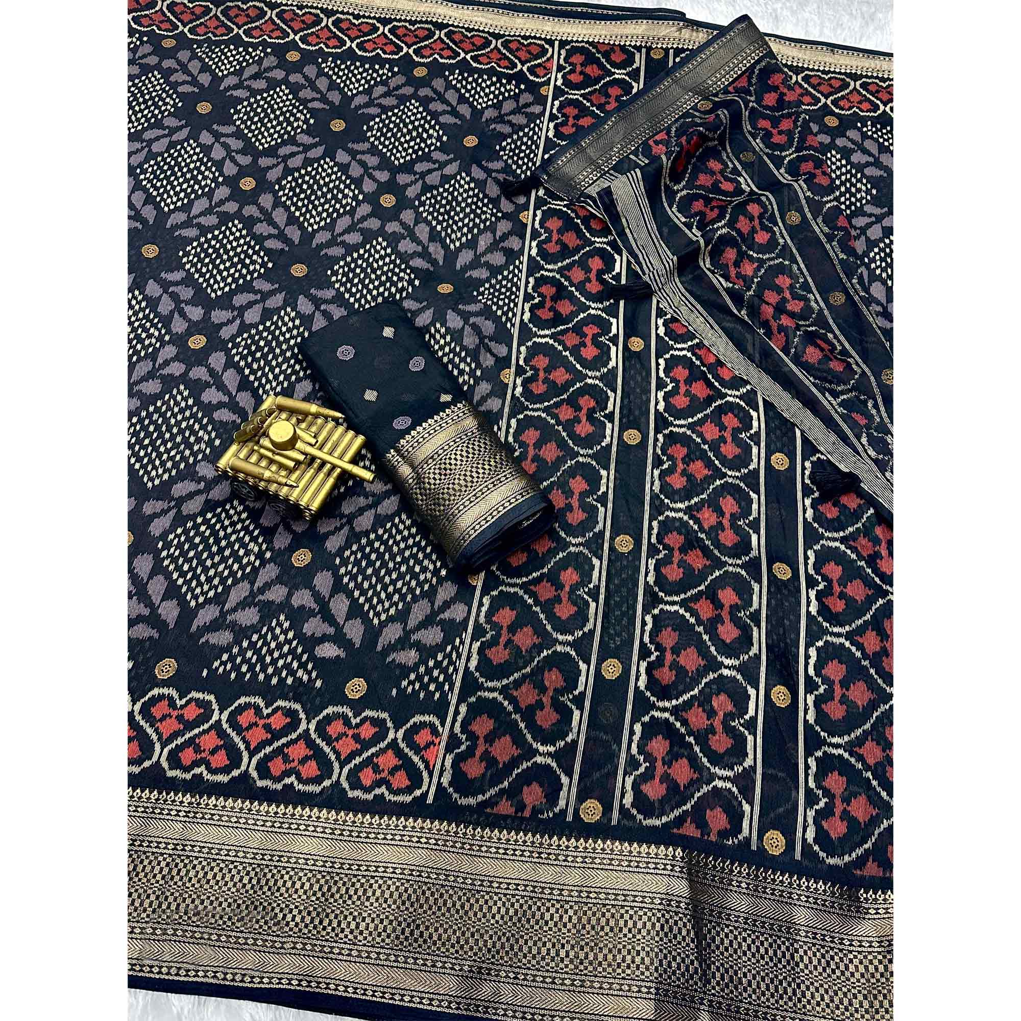 Black Ikkat Printed Cotton Silk Saree