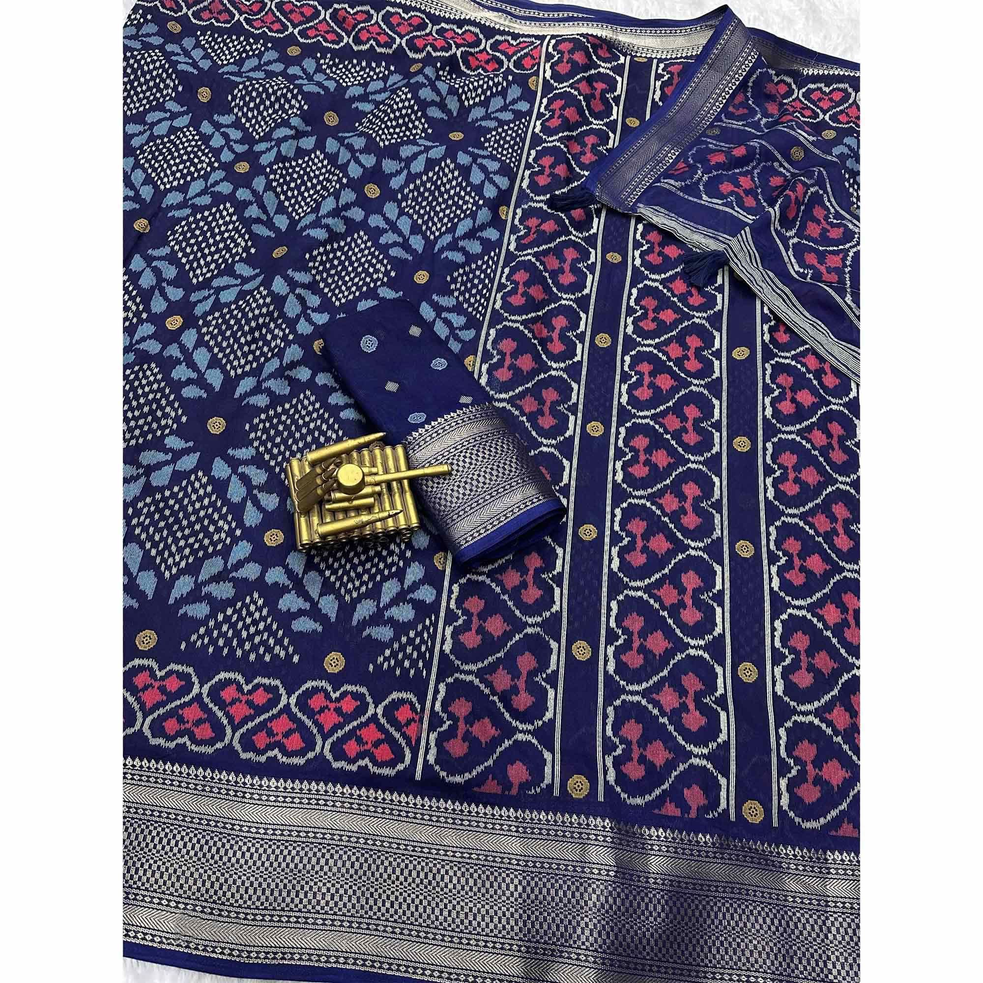 Blue Ikkat Printed Cotton Silk Saree