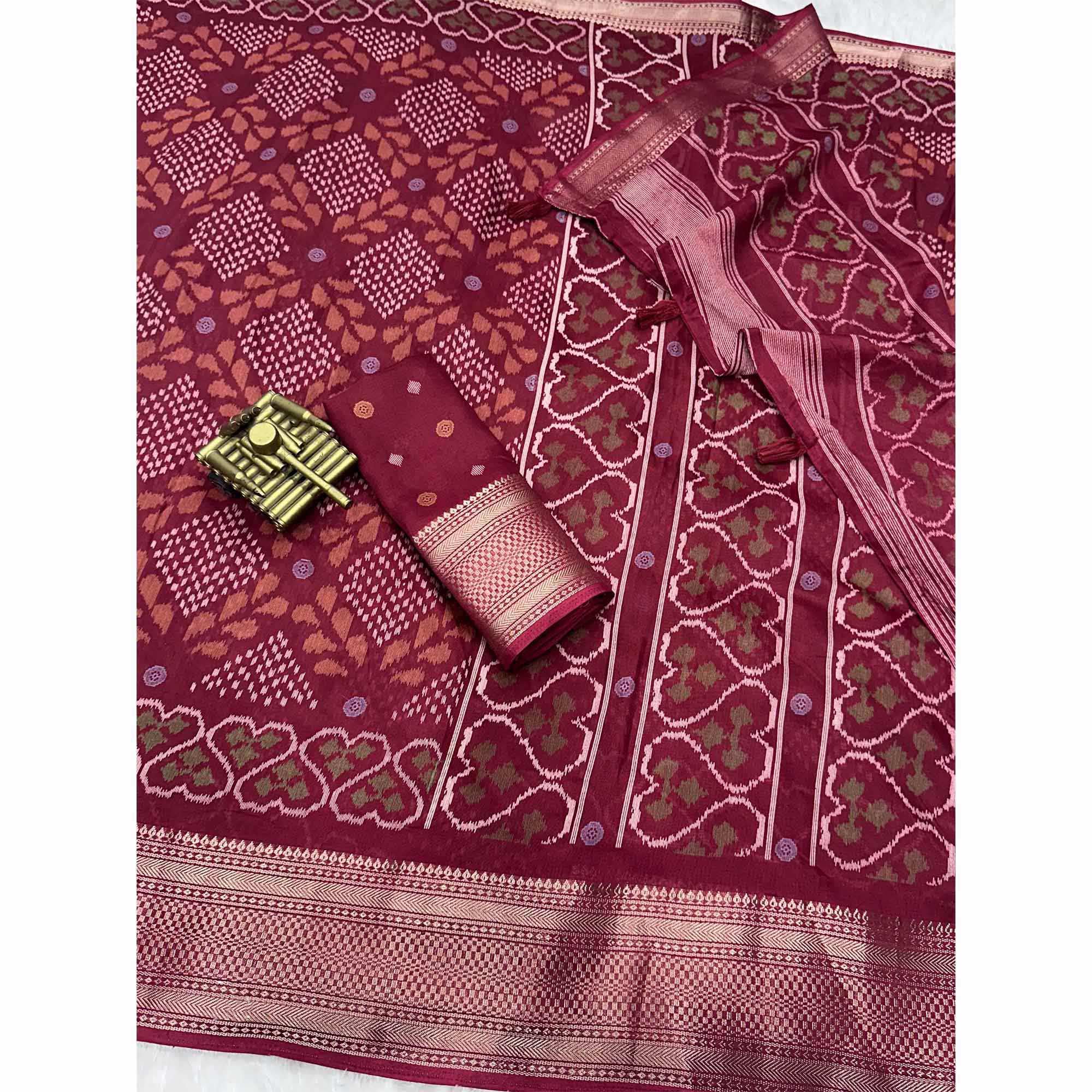 Maroon Ikkat Printed Cotton Silk Saree
