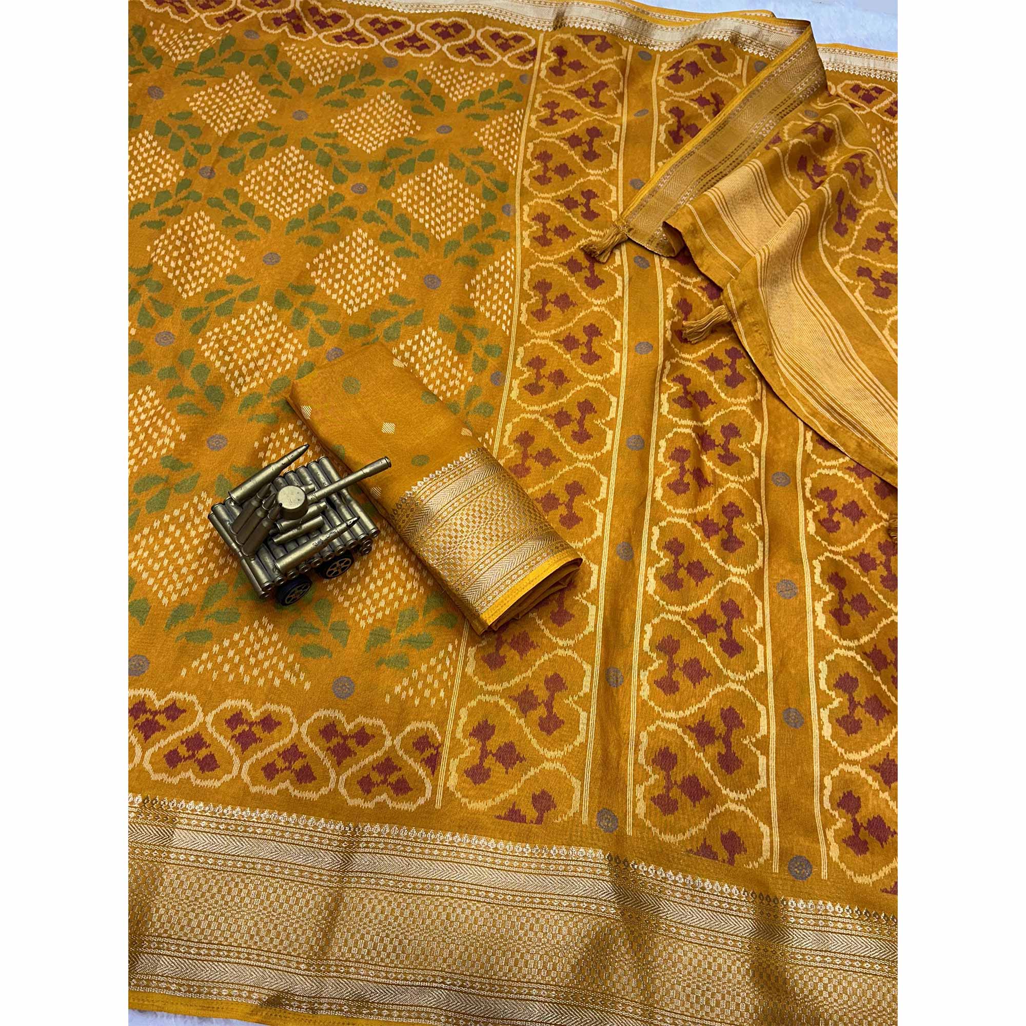 Mustard Ikkat Printed Cotton Silk Saree