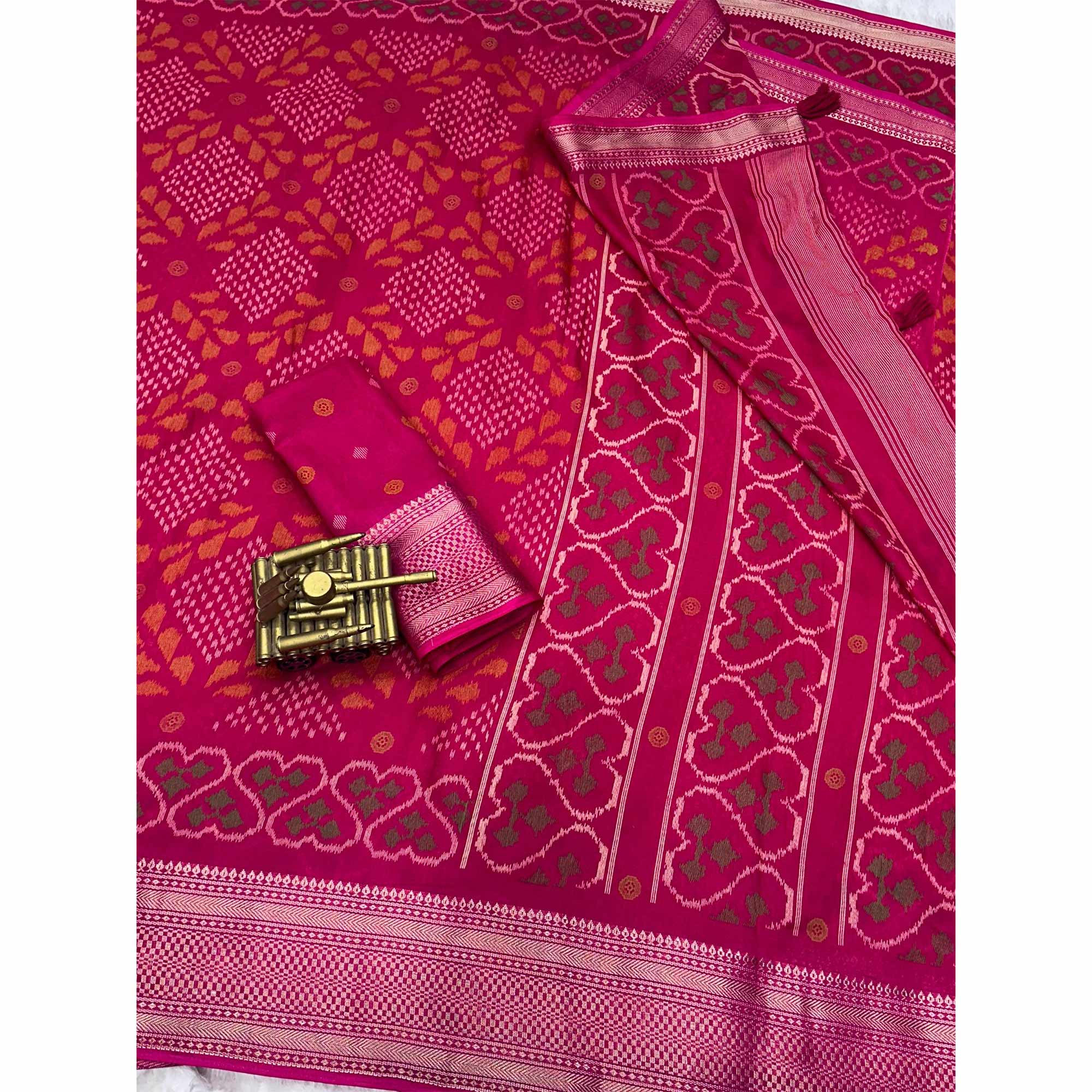 Pink Ikkat Printed Cotton Silk Saree