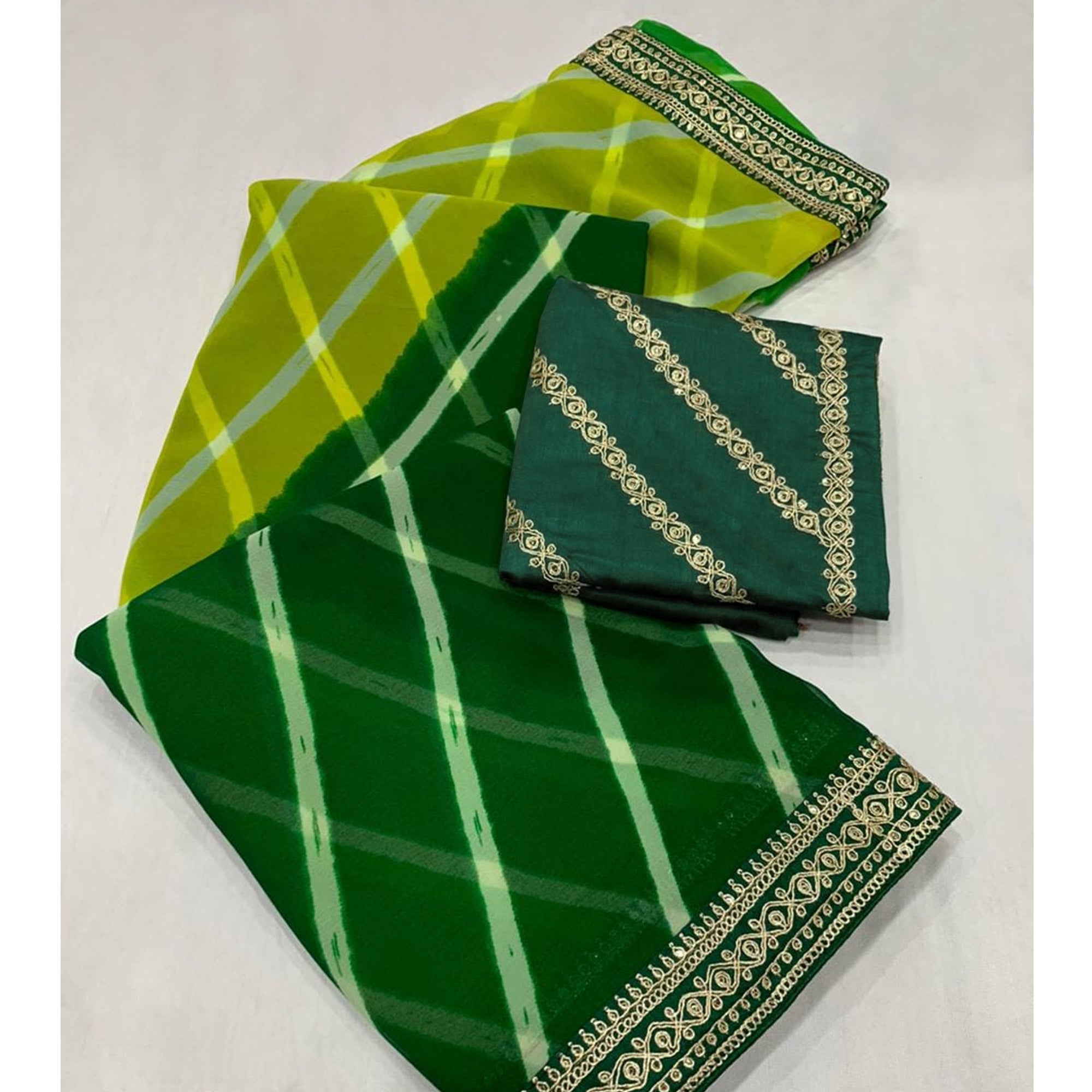 Green Printed Georgette Saree With lace Border