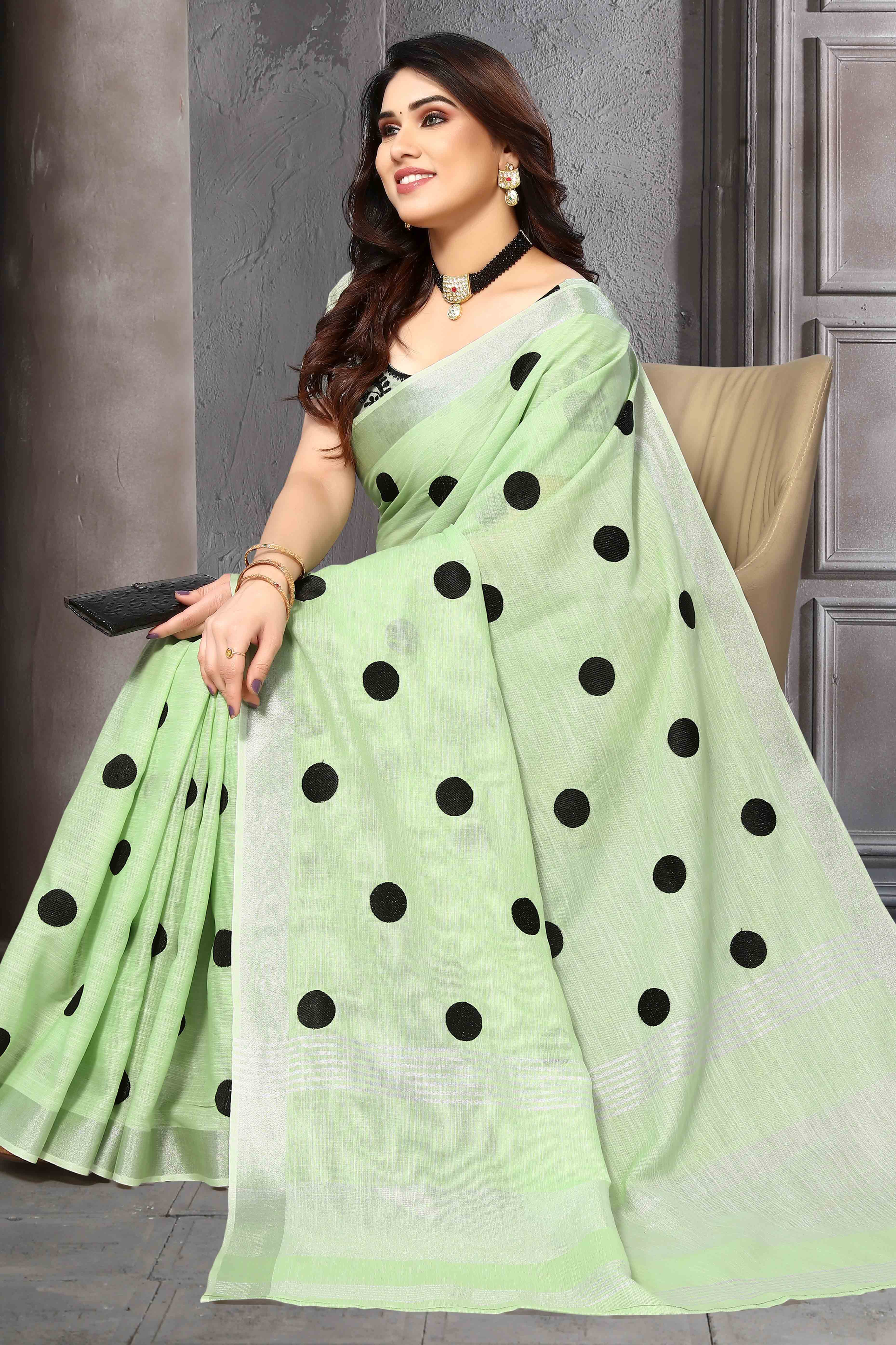 Light Green Embroidered Linen Cotton Saree With Zari Border