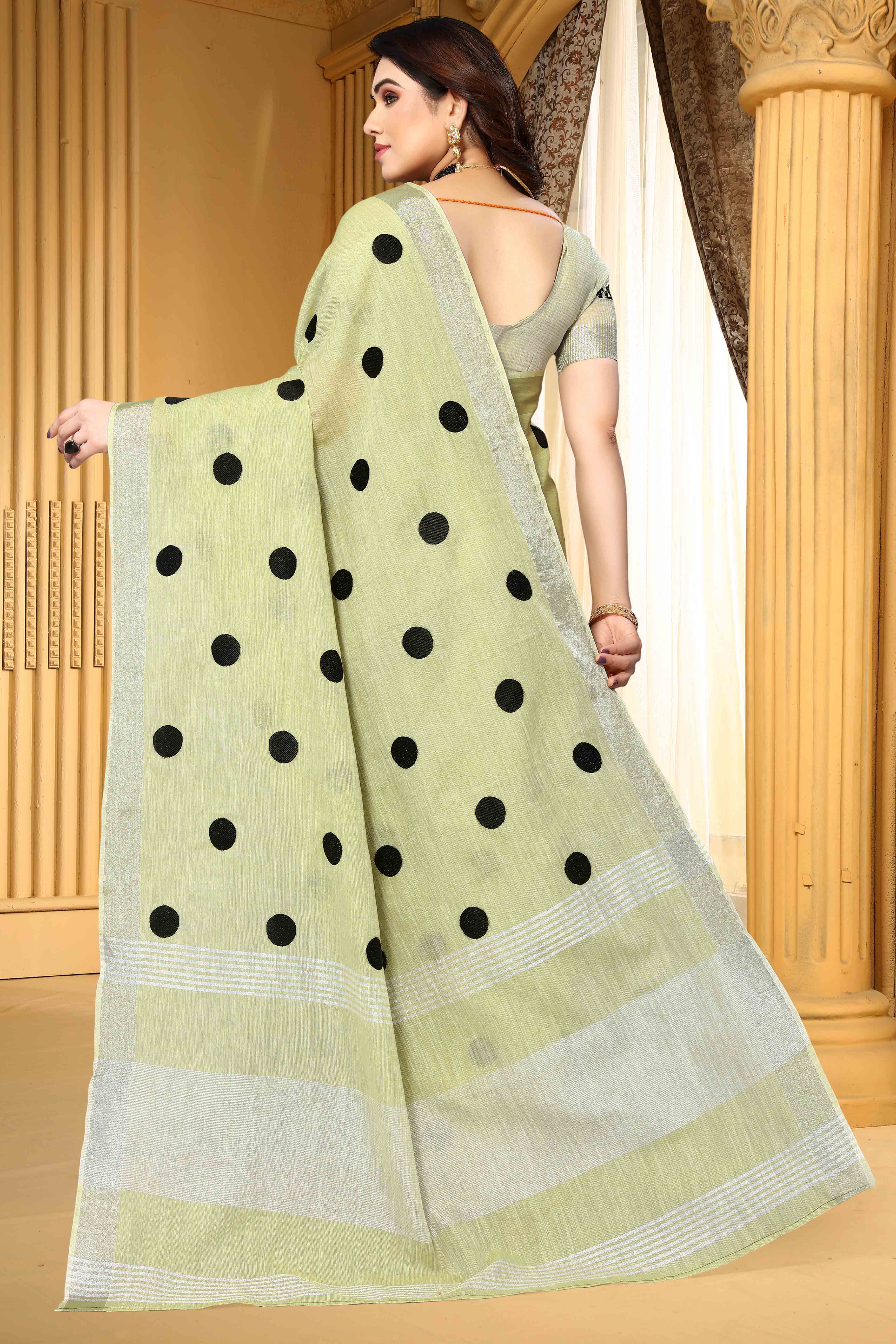 Pista Green Embroidered Linen Cotton Saree With Zari Border