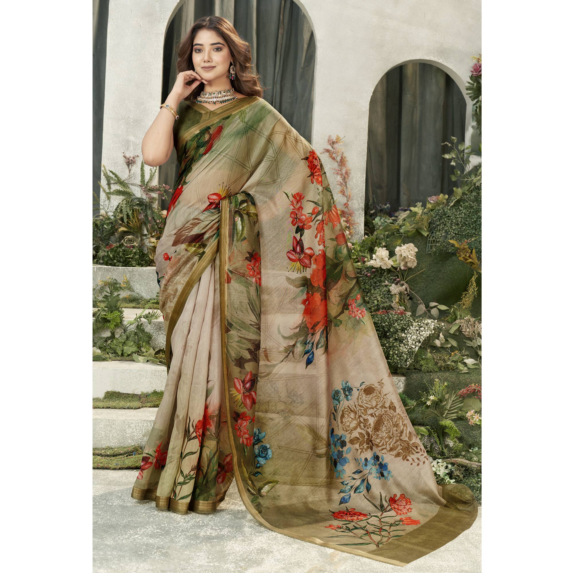 Green Floral Digital Printed Chanderi Saree