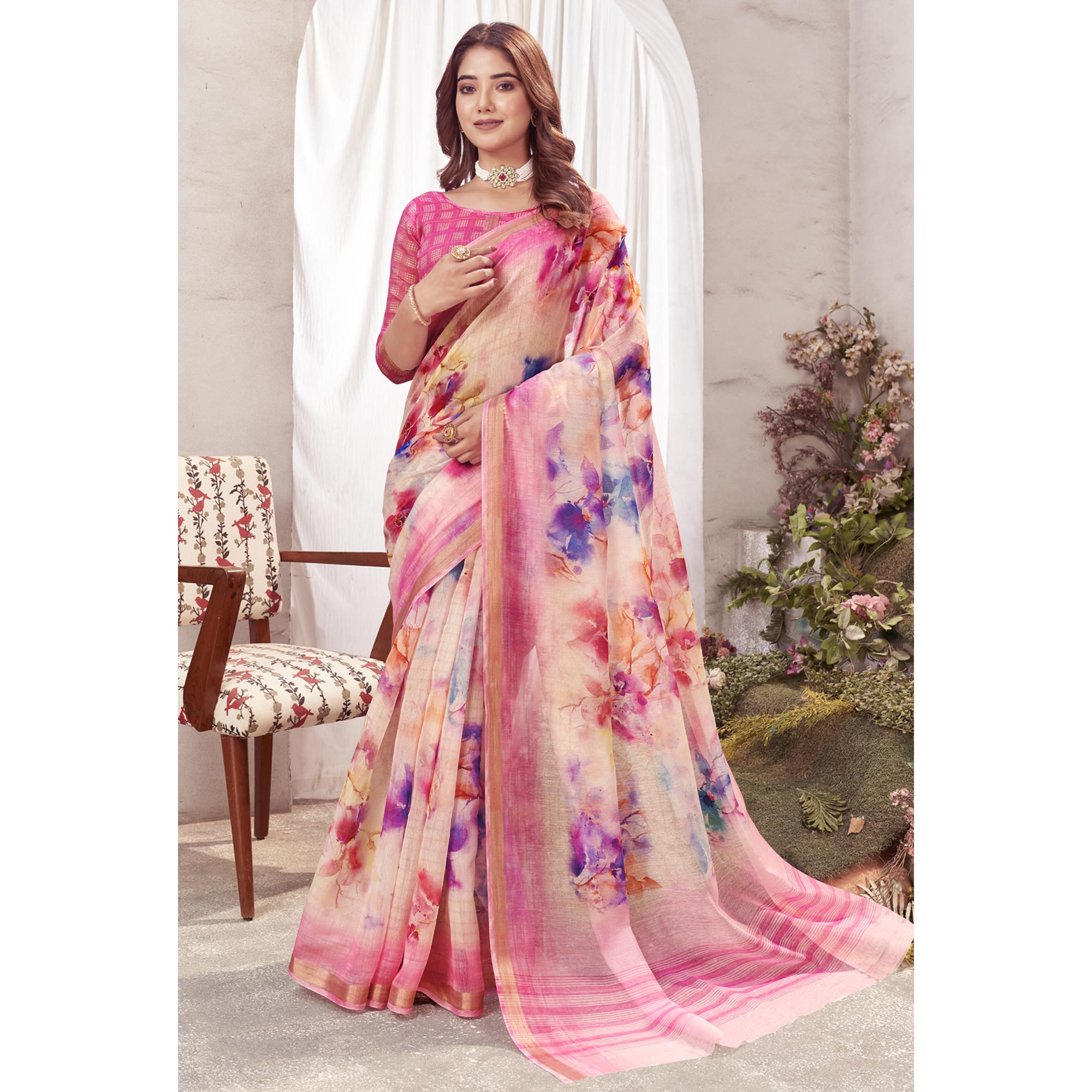 Multicolor Floral Digital Printed Chanderi Saree