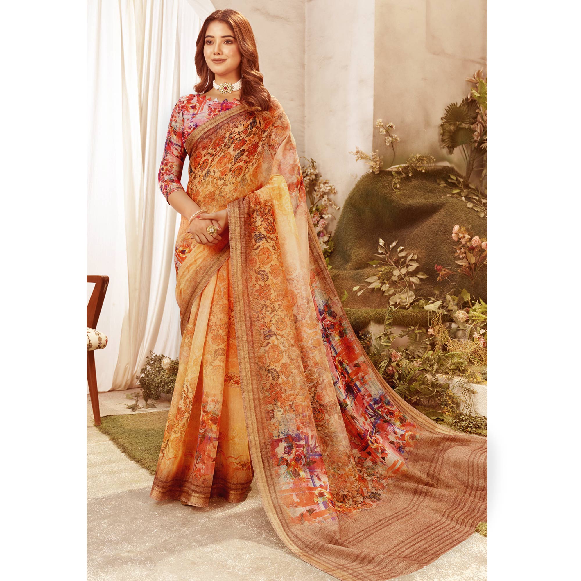 Orange Floral Digital Printed Chanderi Saree