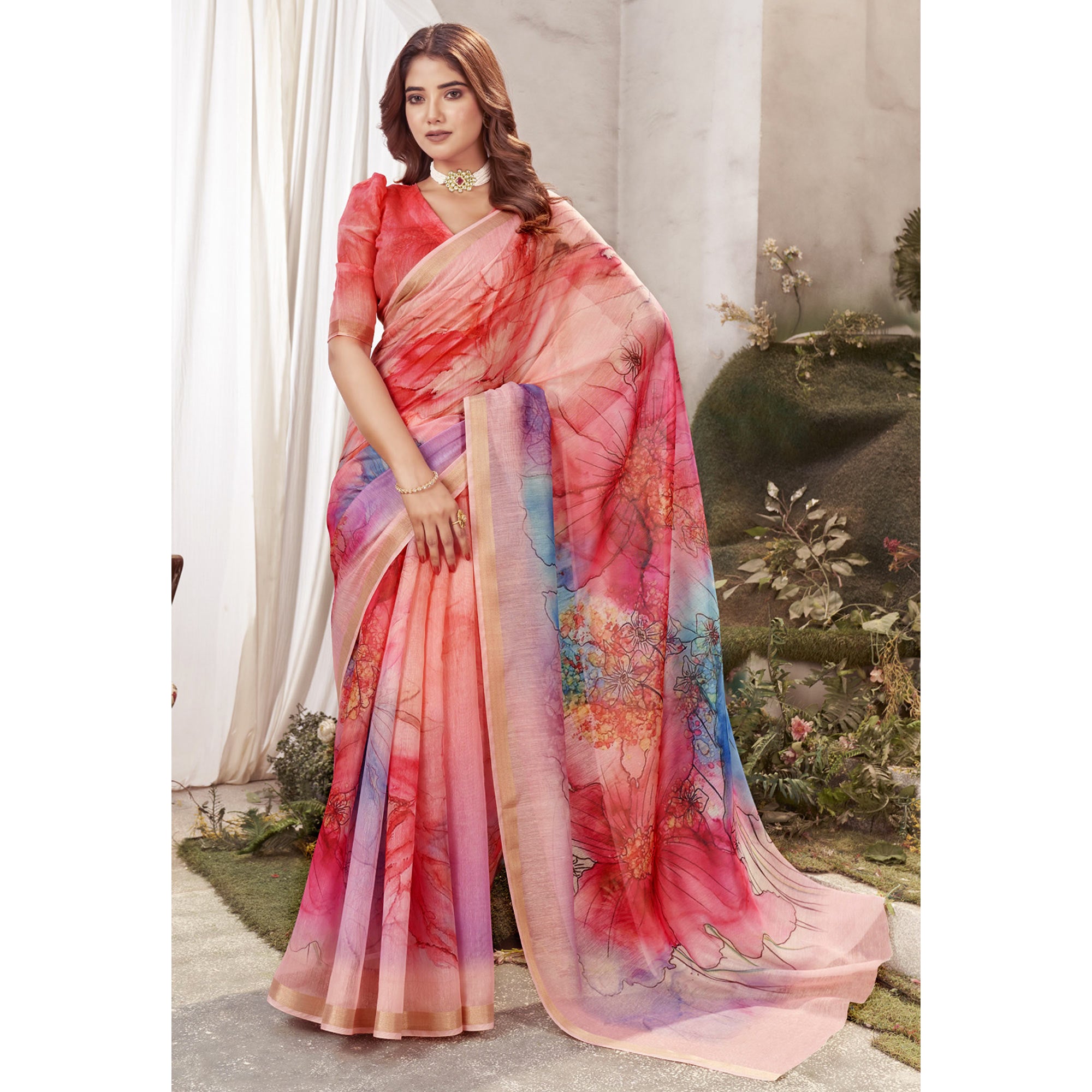 Peach Floral Digital Printed Chanderi Saree