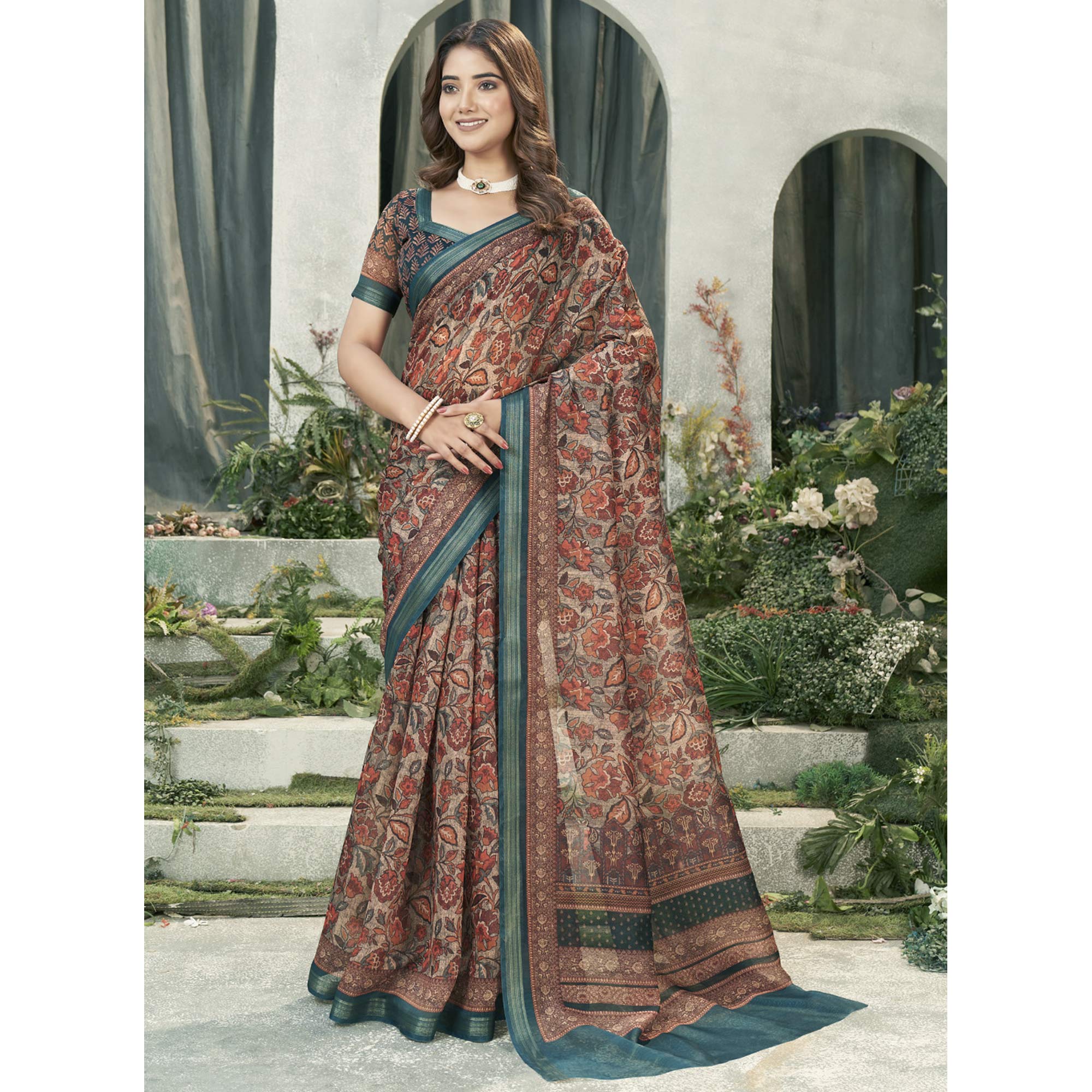 Multicolor Floral Digital Printed Chanderi Saree