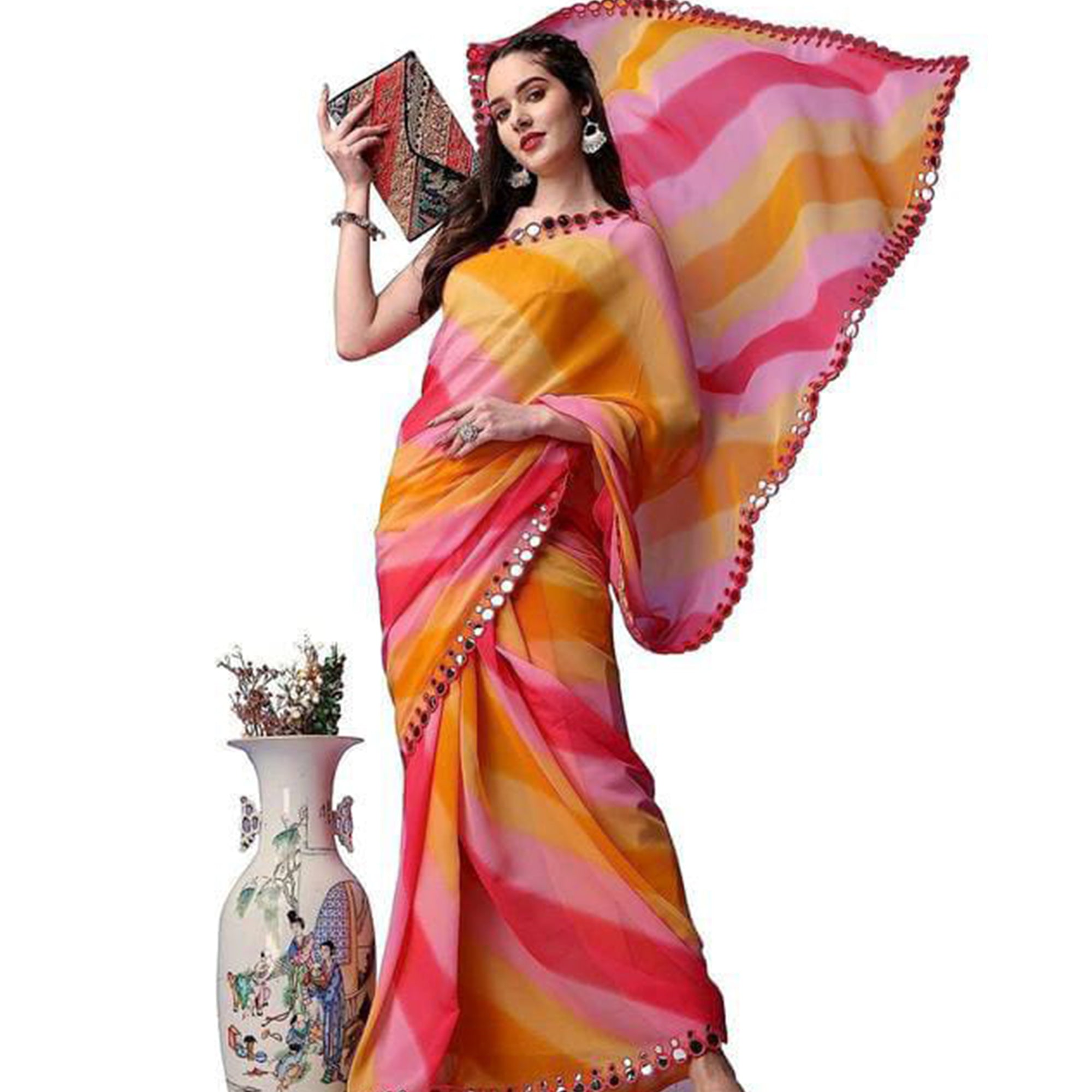 Multicolor Striped Printed Georgette Saree